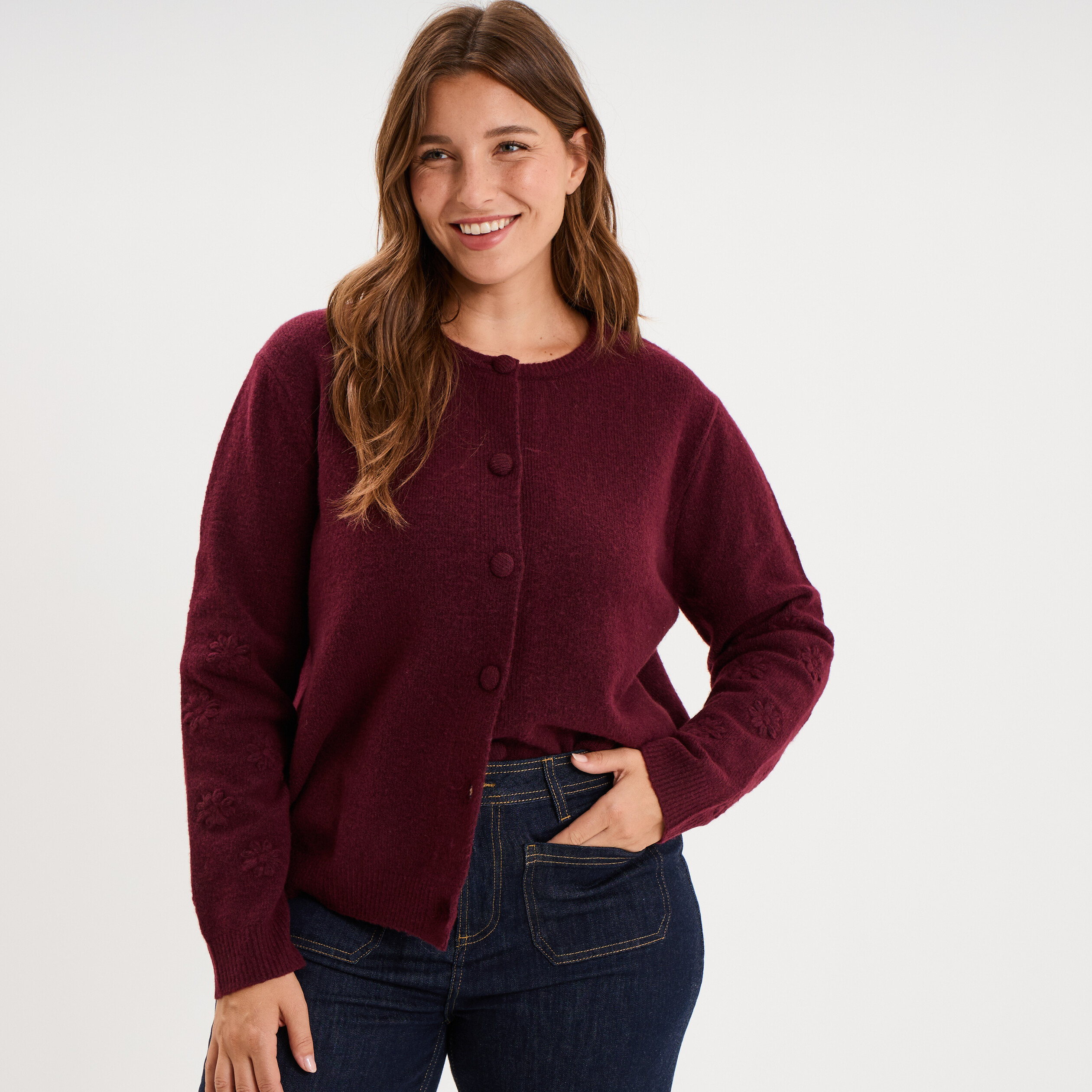 Gilet col rond manches longues boutonn&eacute; violet fonc&eacute; femme grande taille