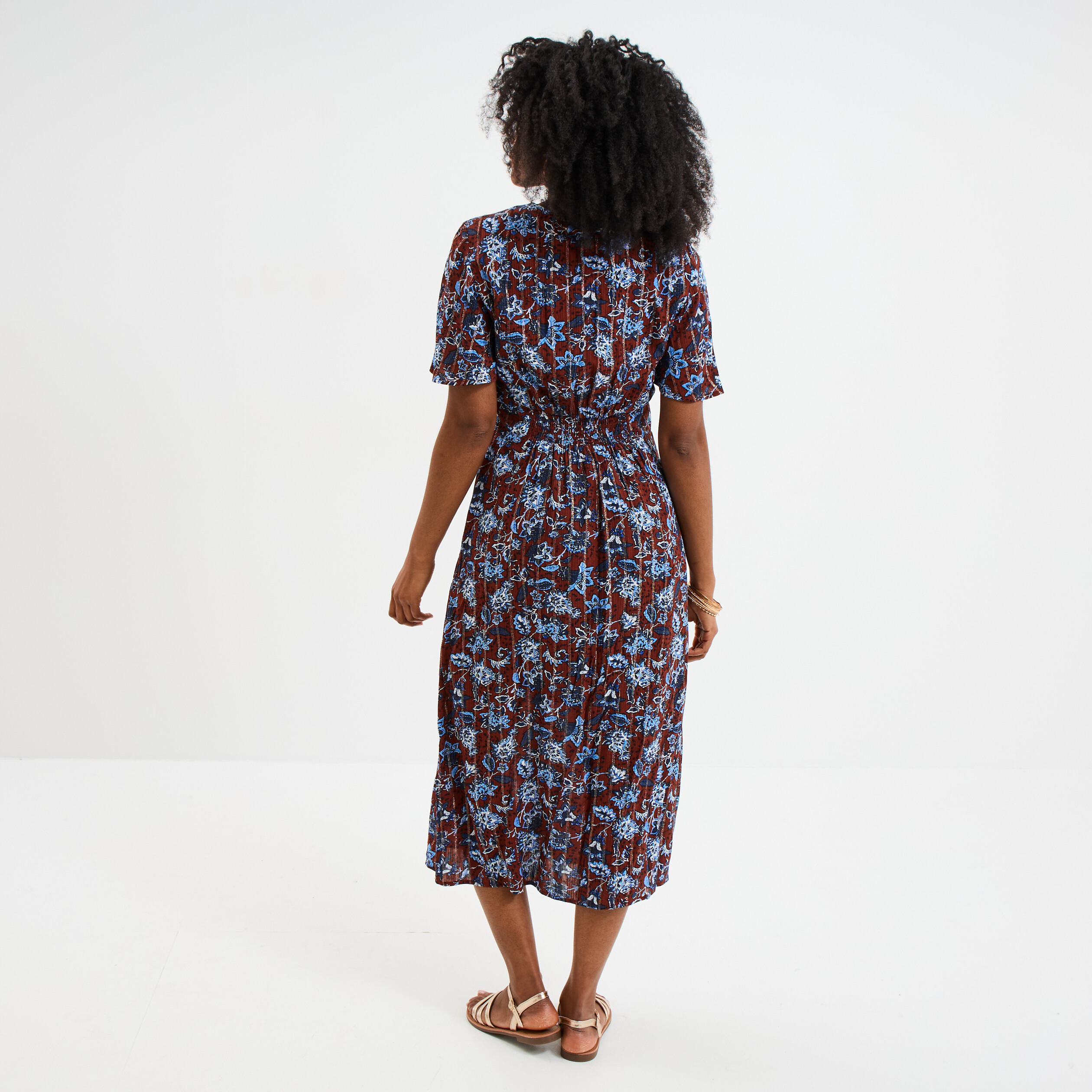 Robe longue empire taille smock&eacute;e marron femme