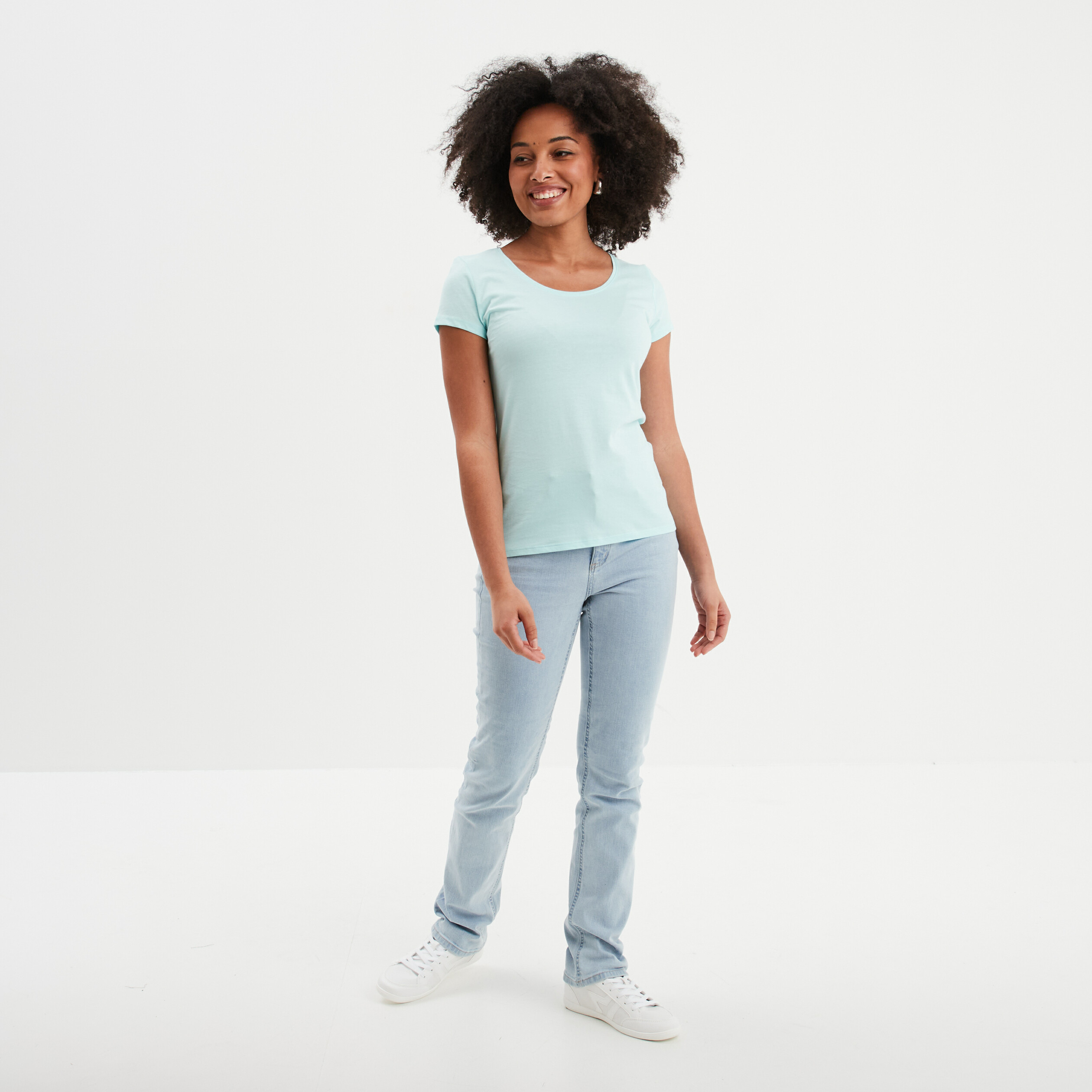 T-shirt coton col rond manches courtes bleu turquoise femme