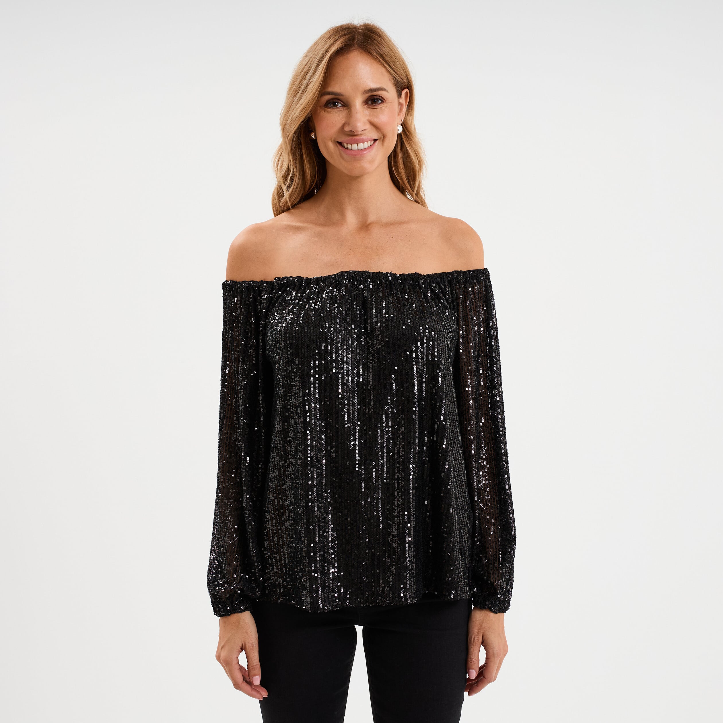 T-shirt sequins et col bardot noir femme
