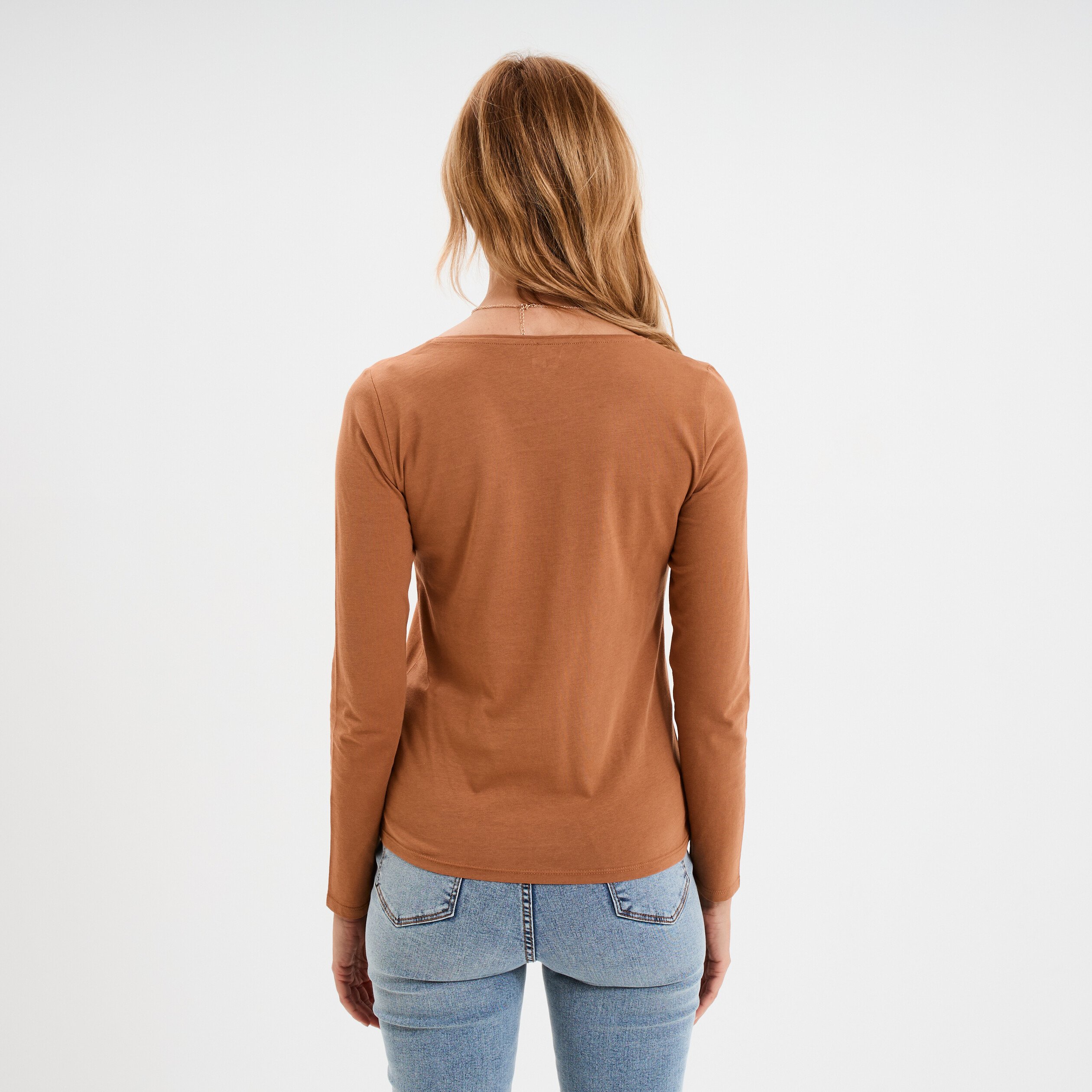 t shirt coton col rond manches longues marron clair femme T-shirt coton col rond manches longues marron clair femme