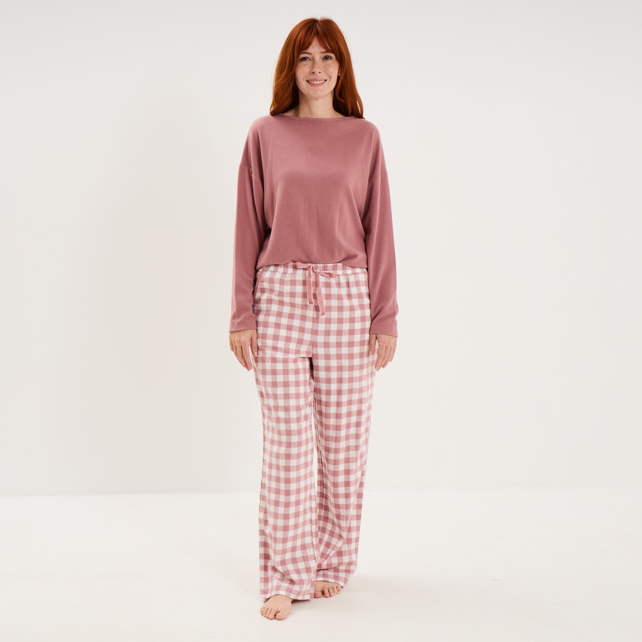 Pyjama pantalon manches longues rose nude femme