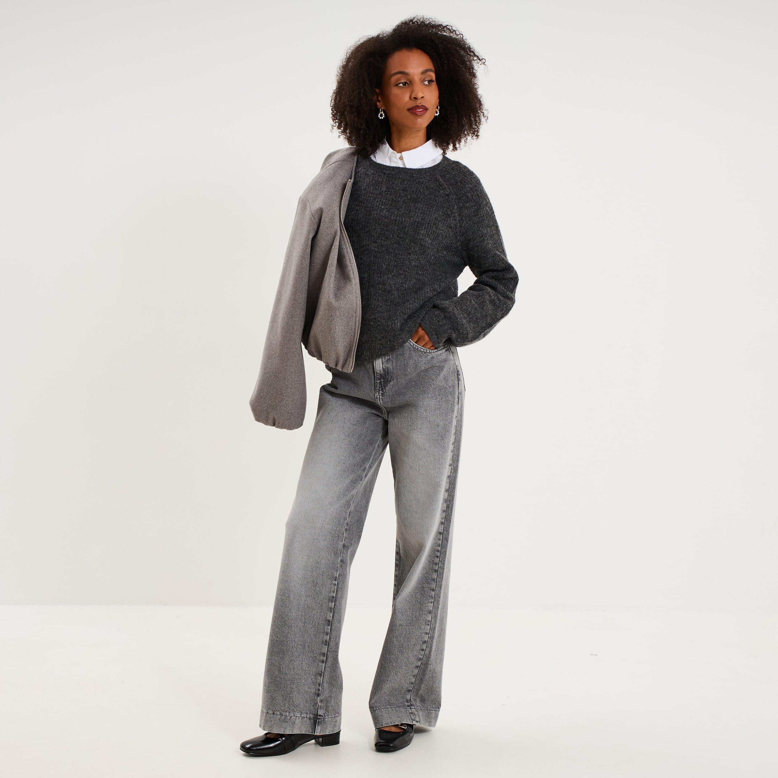 Pull col rond manches longues gris fonc&eacute; femme