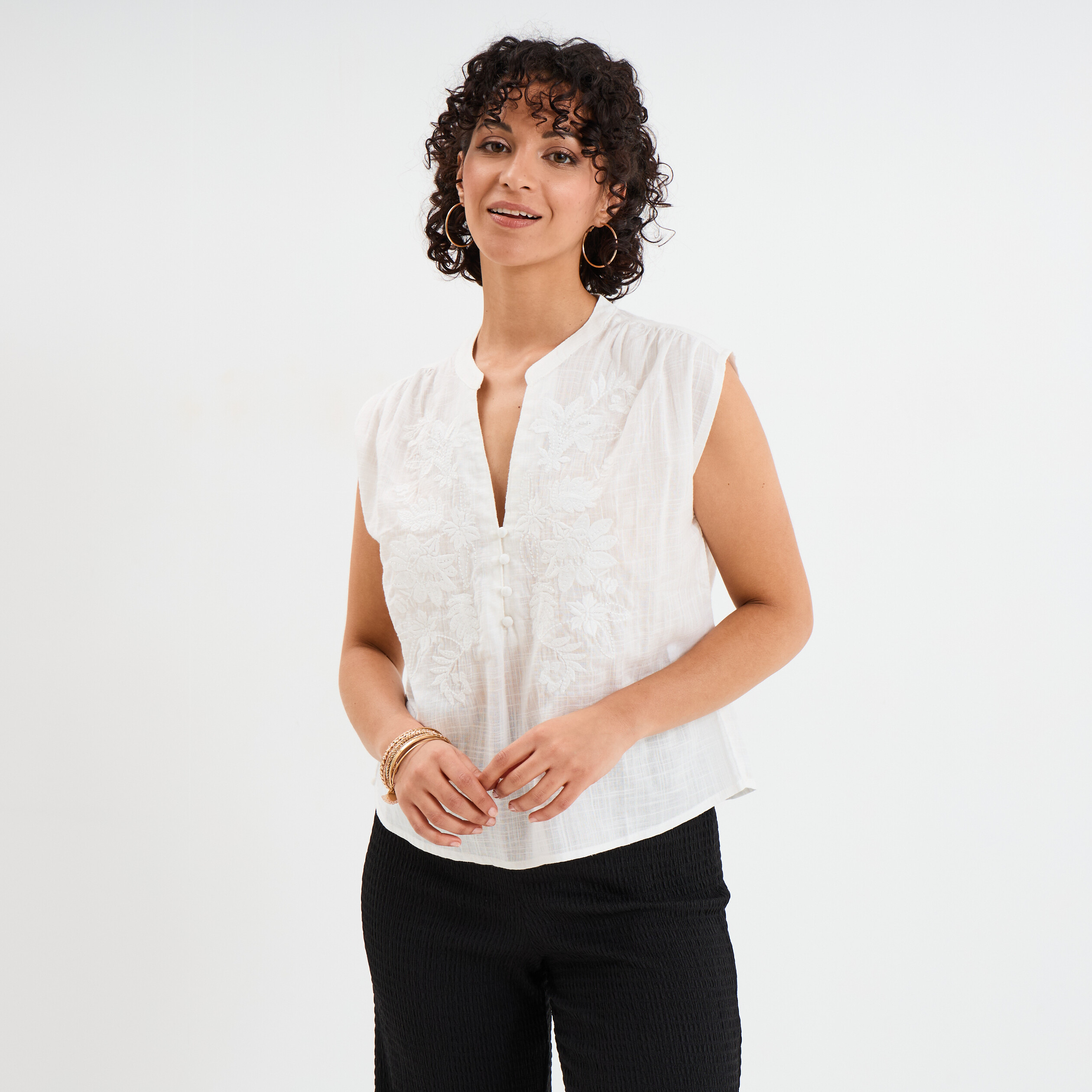 blouse col tunisien sans manches coton blanc femme Blouse col tunisien sans manches coton blanc femme