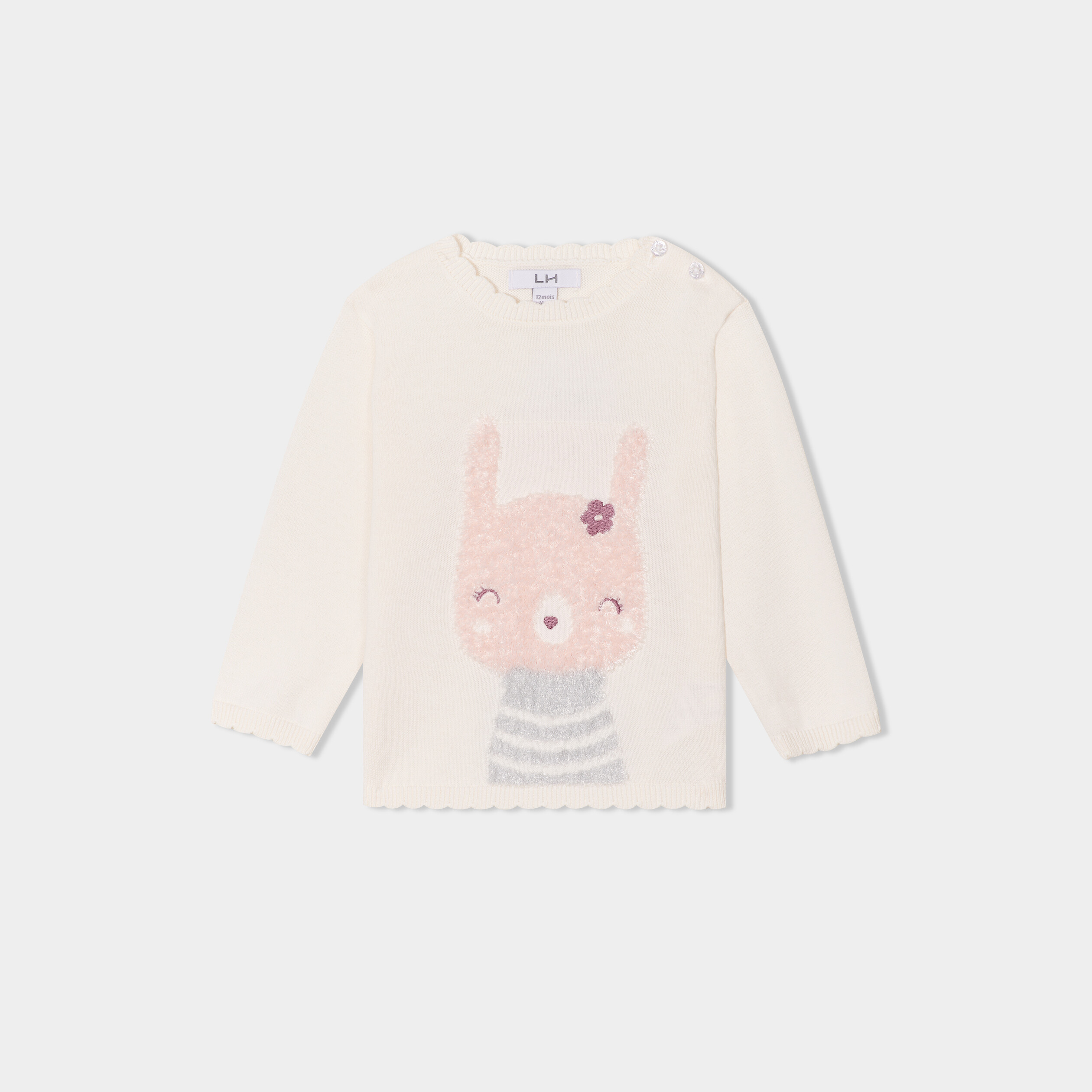 pull manches longues bord festonne coton creme bebef Pull manches longues bord festonné coton creme bébé fille