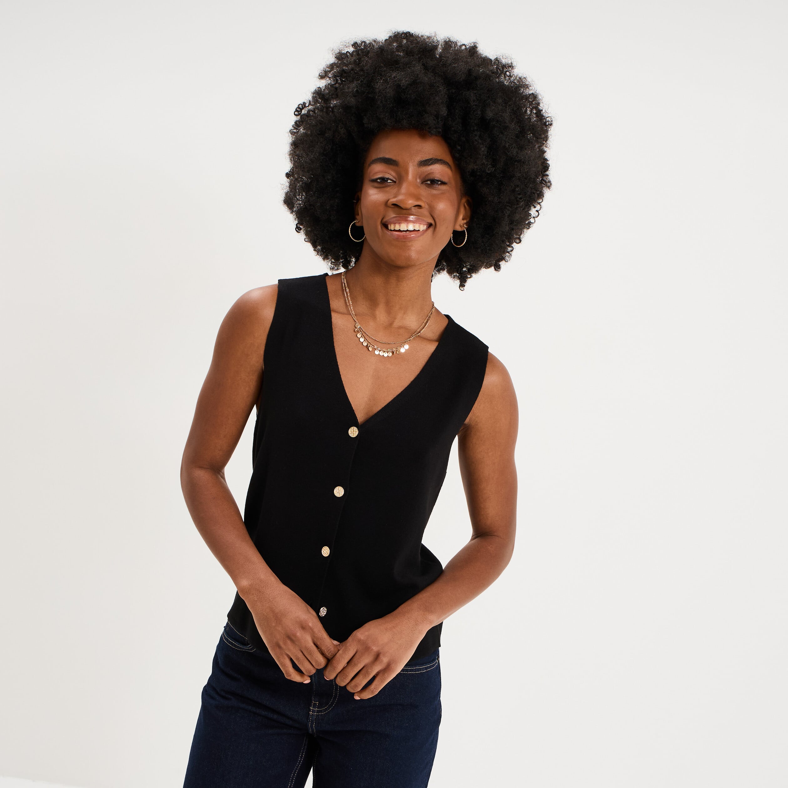 Gilet sans manches col en V noir femme