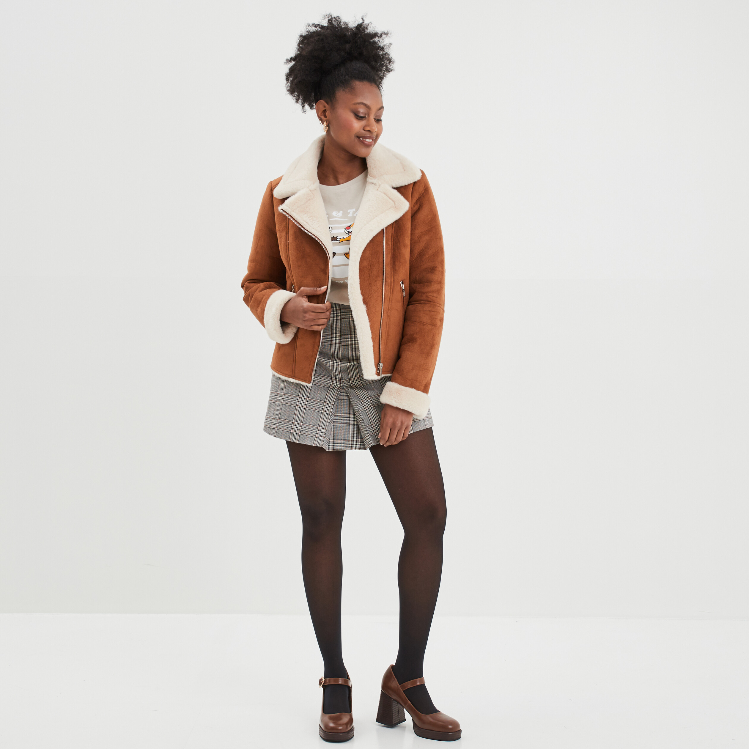Veste col aviateur zipp&eacute;e doubl&eacute;e camel femme