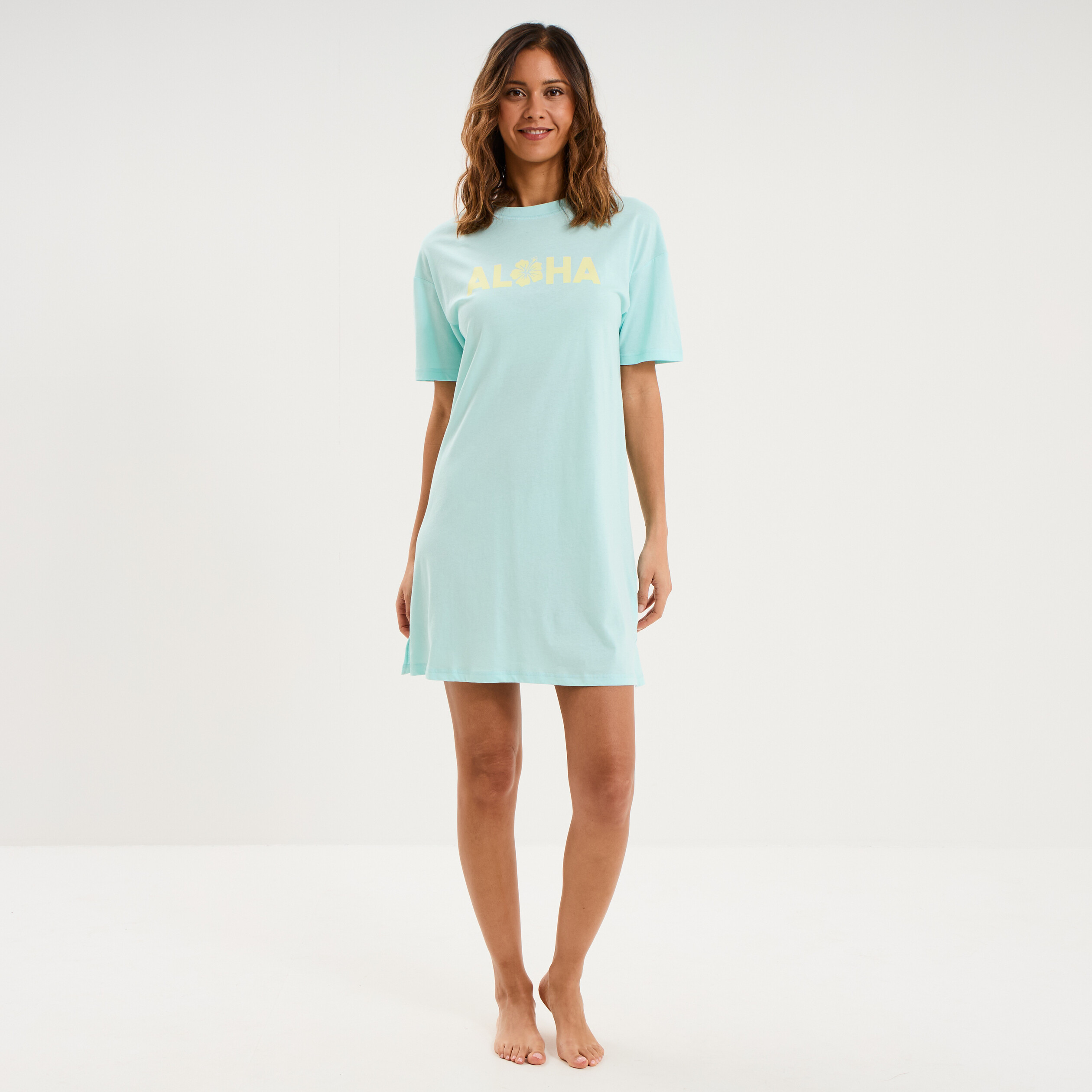 Chemise de nuit manches courtes coton bleu turquoise femme