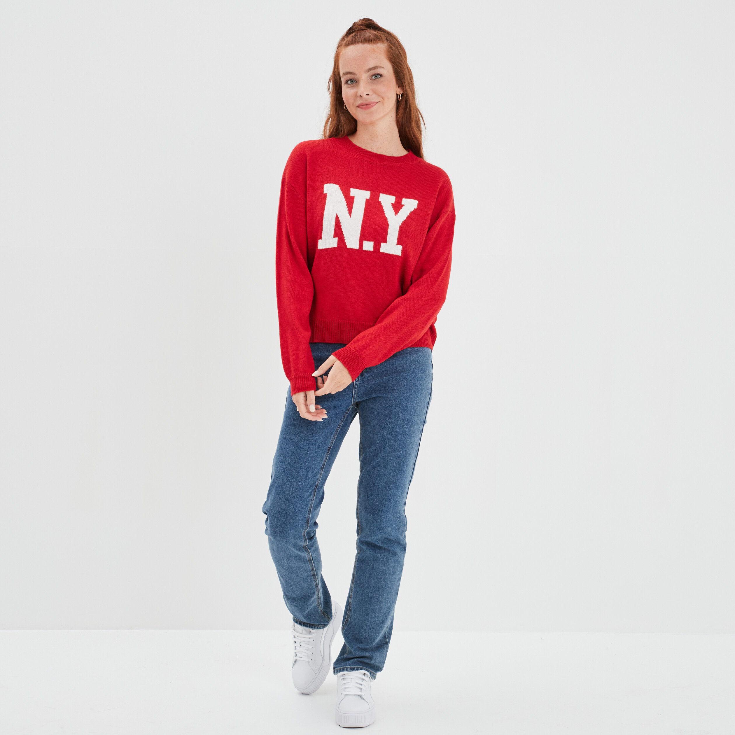 Pull col rond manches longues Creeks rouge femme