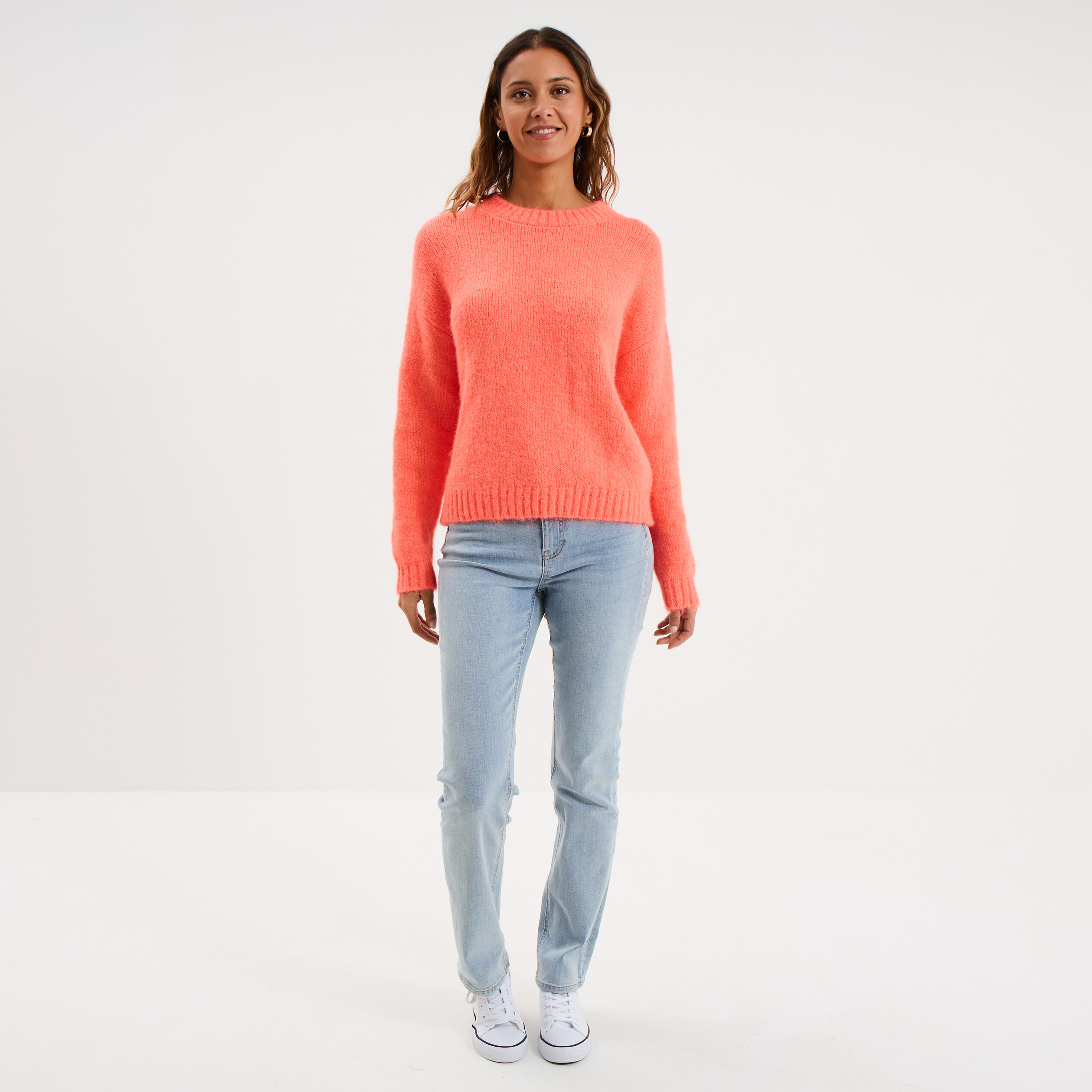 Pull col rond manches longues rose fluo femme
