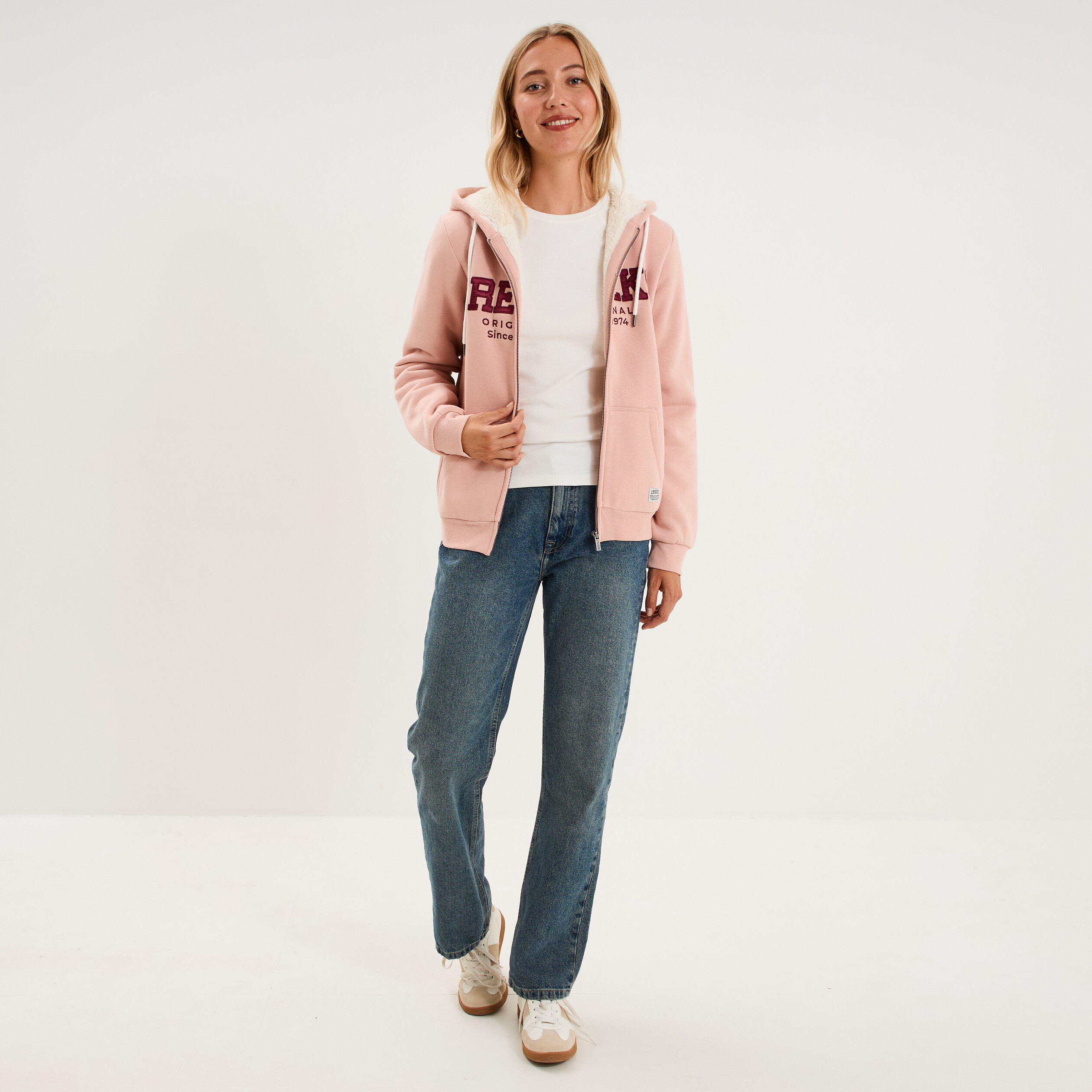 Sweat &agrave; capuche doublure effet sherpa rose poudr&eacute;e femme