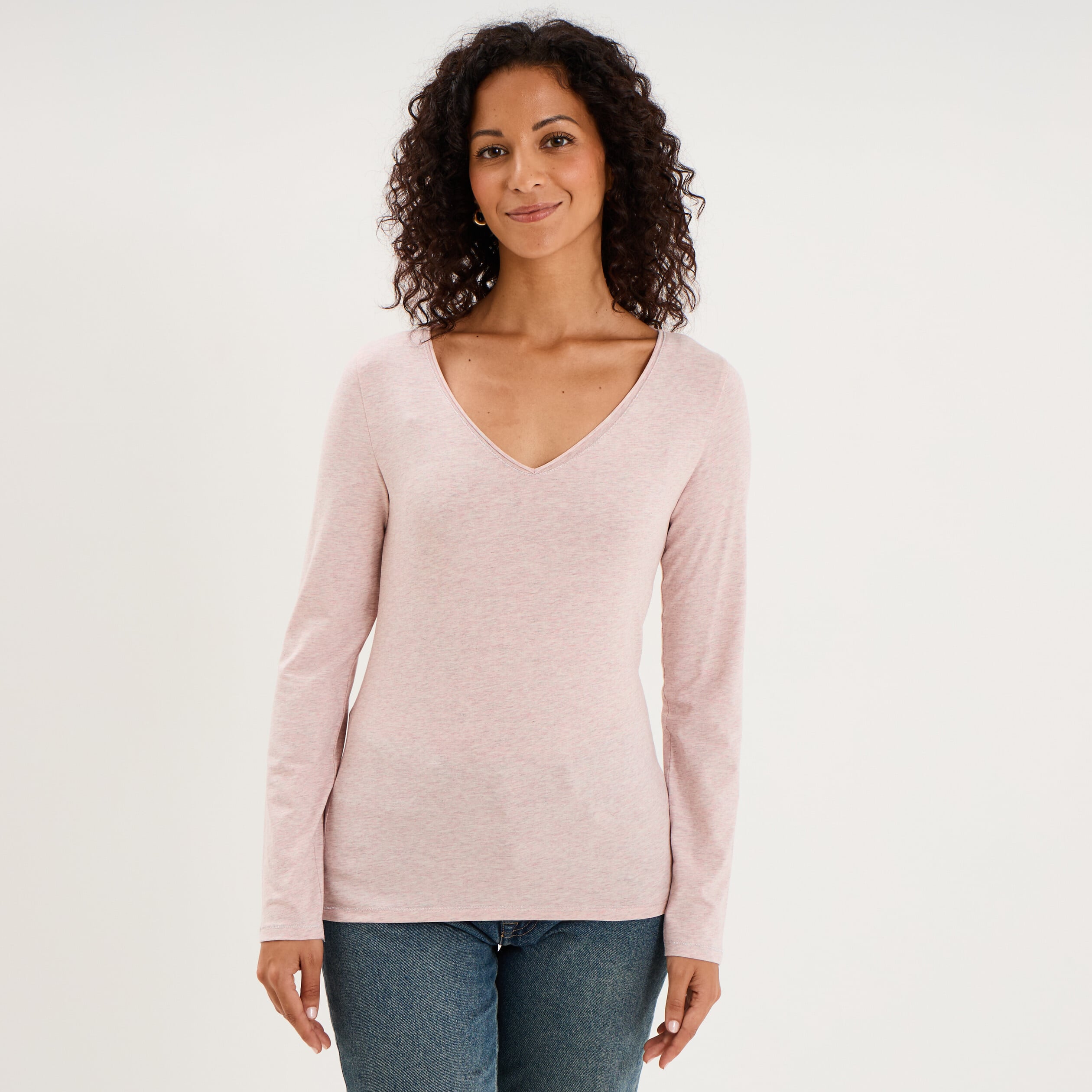 T-shirt manches longues col en V coton rose clair femme