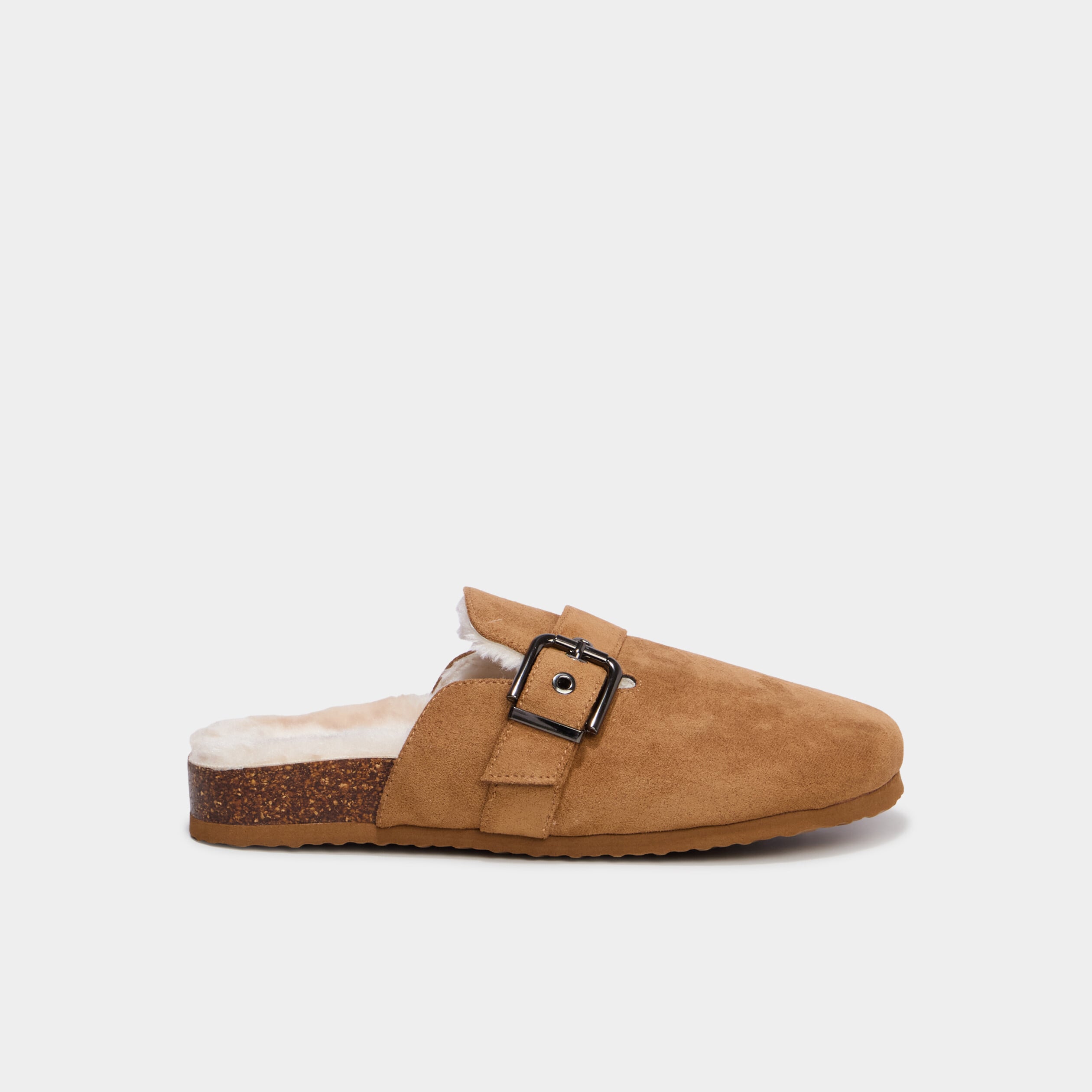 Mules fourr&eacute;es avec boucles marron femme