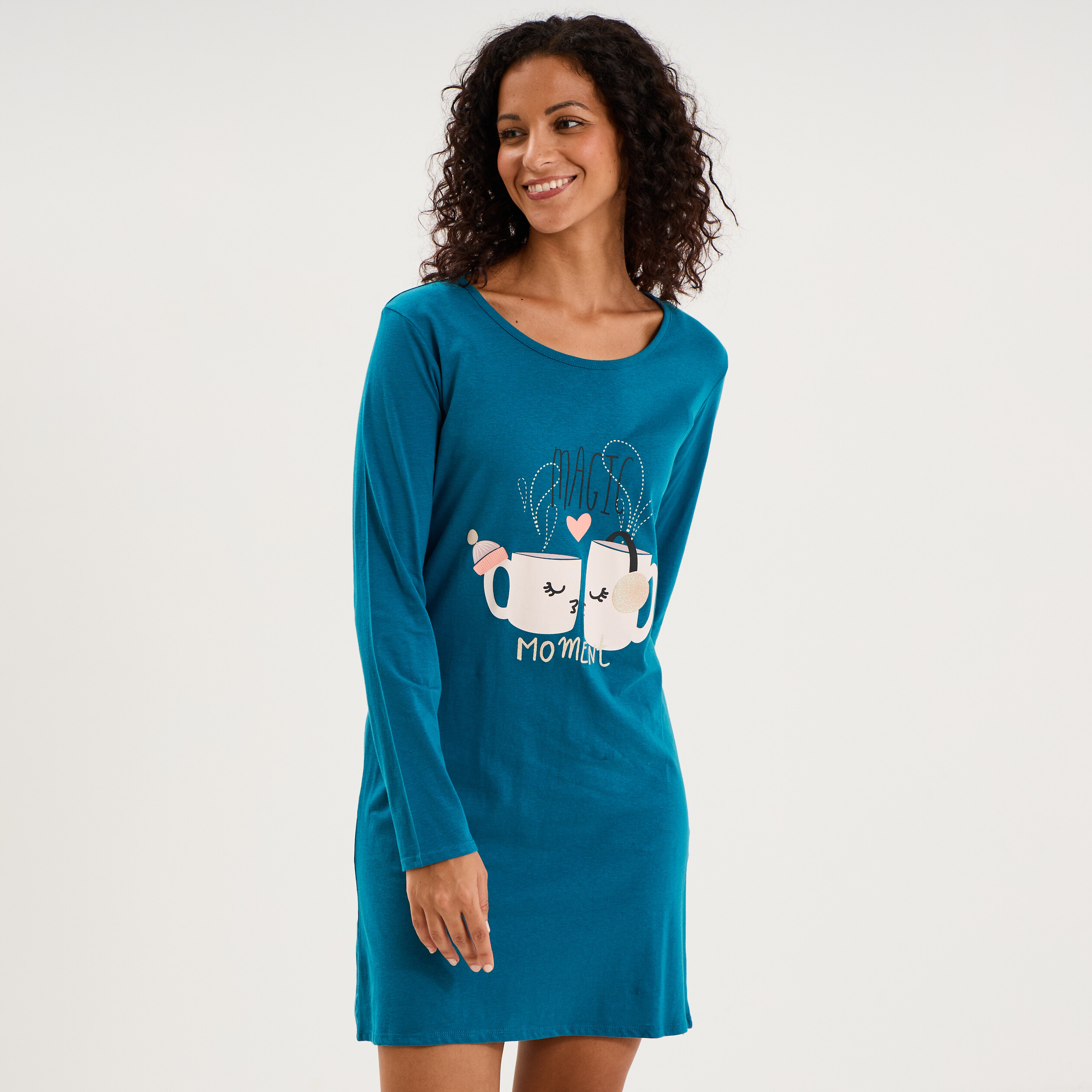 Chemise de nuit courte coton bleu canard femme