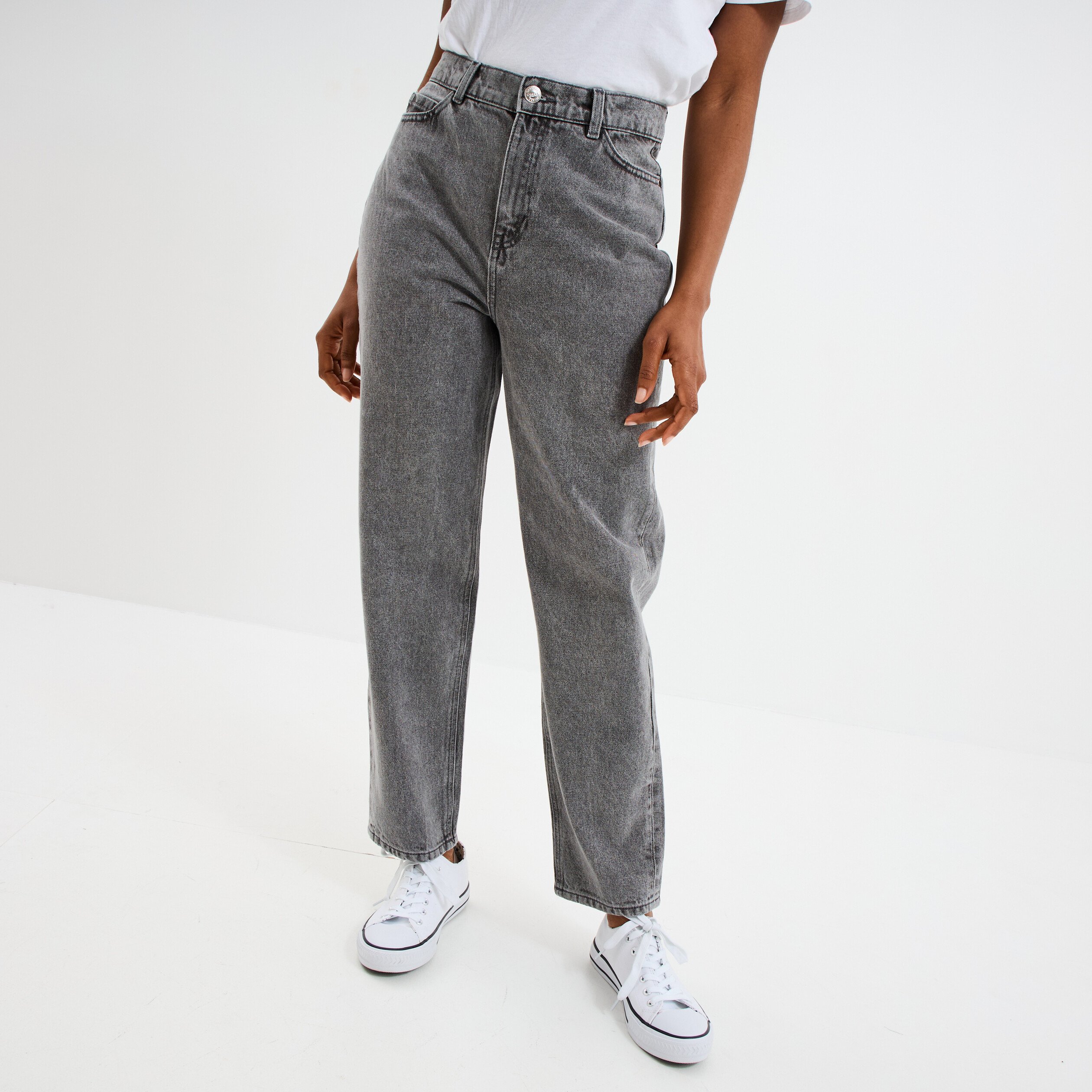 Jeans mom 7/8ème taille haute Creeks denim gris clair femme | La Halle