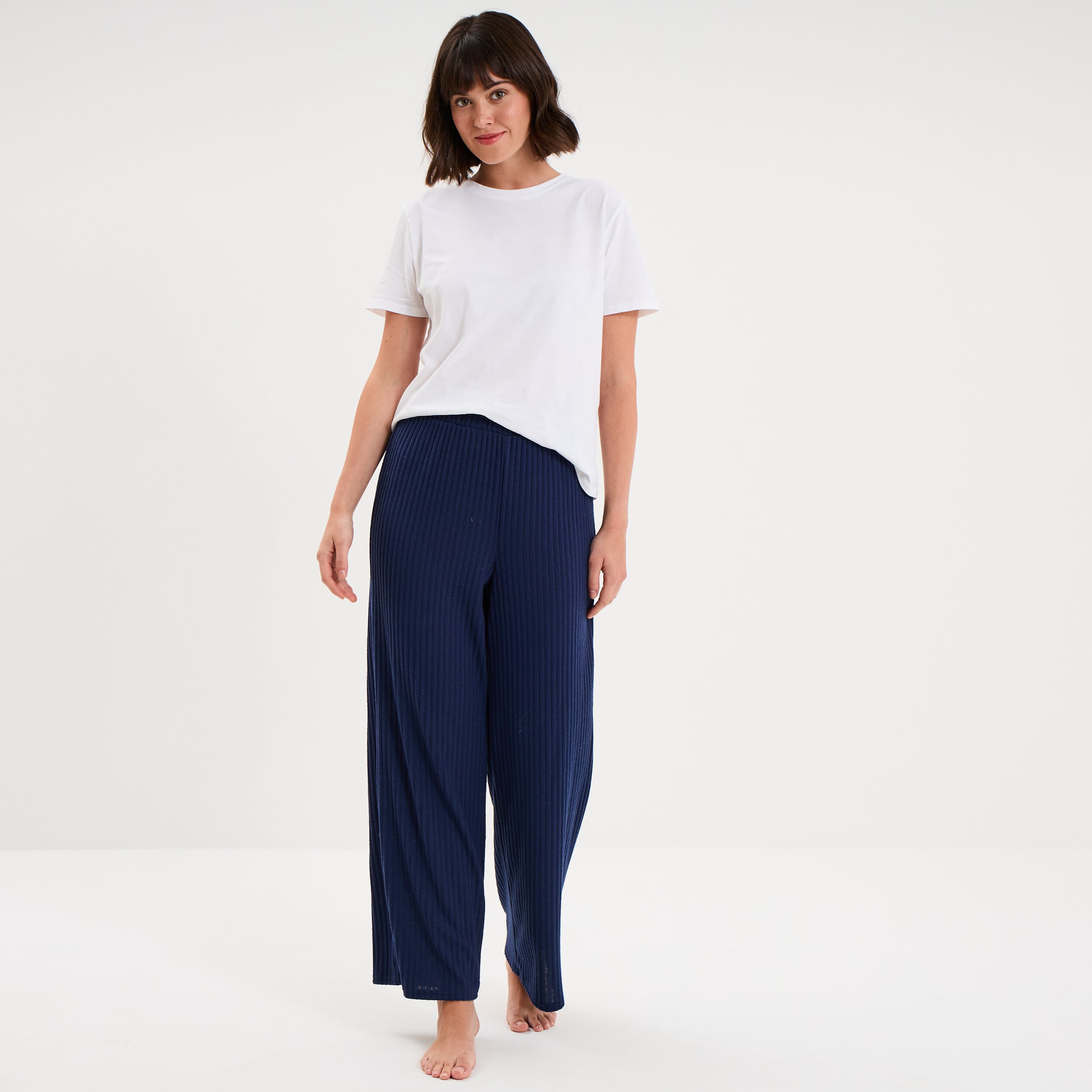 Pantalon de pyjama droit c&ocirc;tel&eacute; bleu marine femme