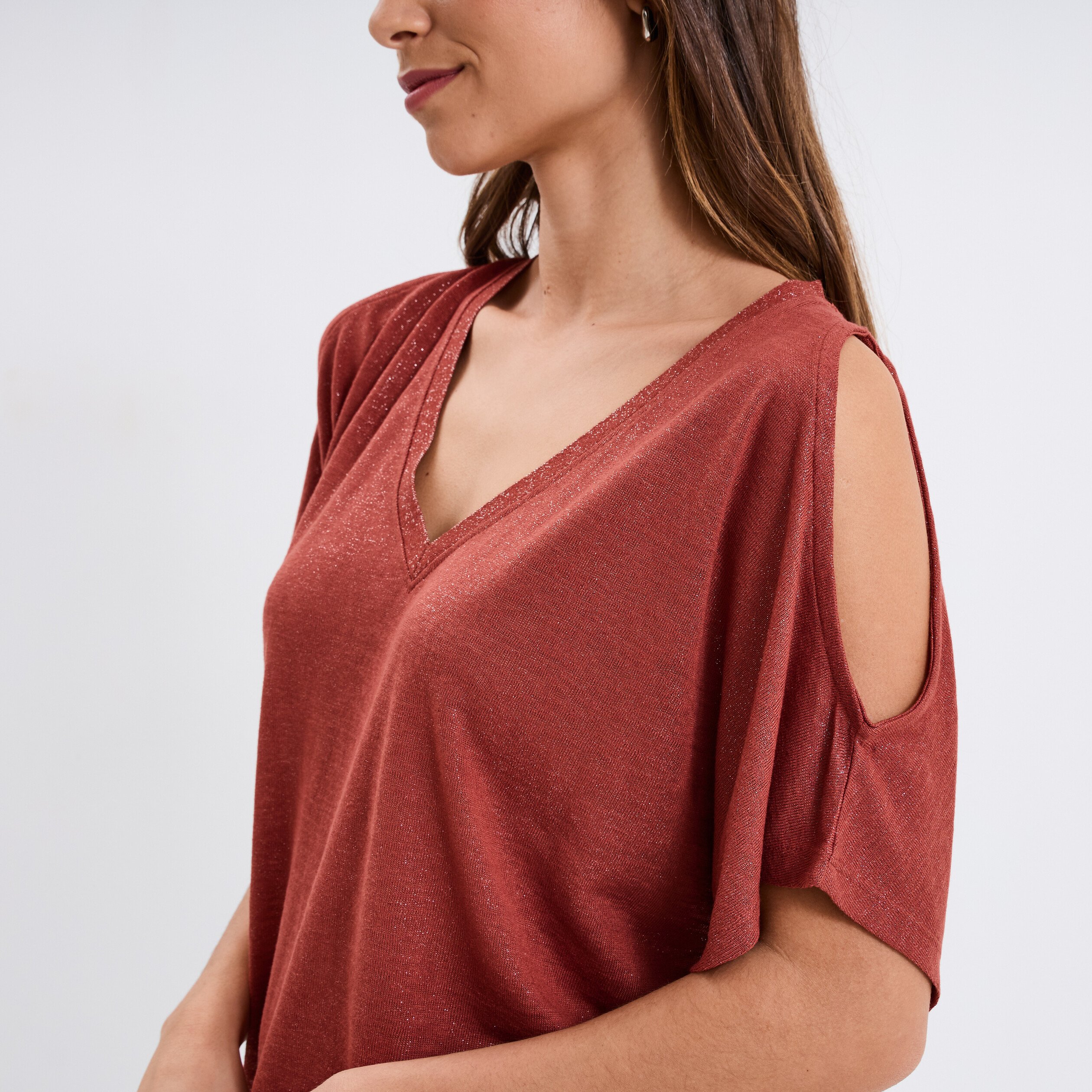 t shirt epaules ouvertes col en v marron cognac femme T-shirt épaules ouvertes col en V marron cognac femme