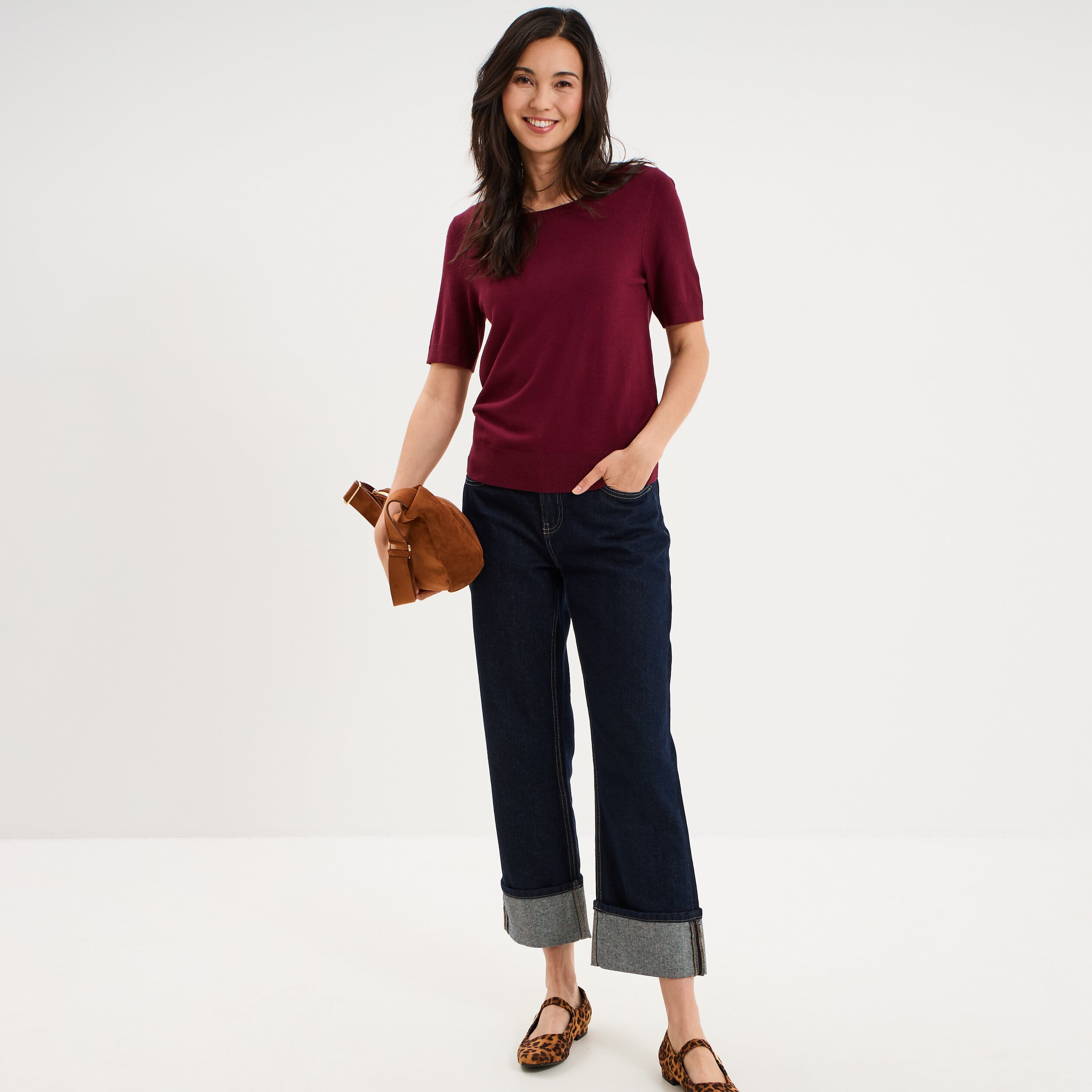 Pull manches courtes col rond bordeaux femme