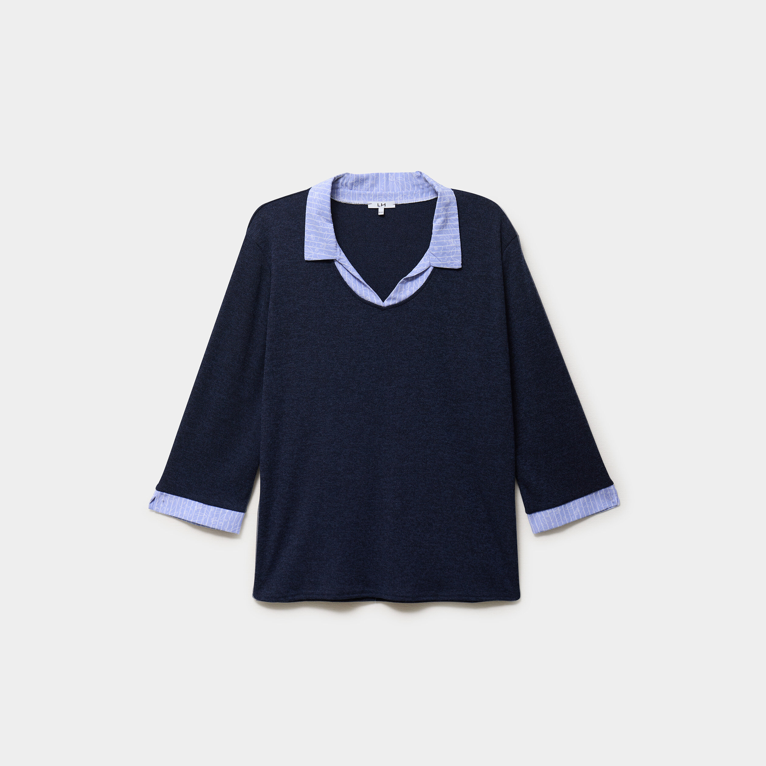 Pull effet 2-en-1 avec manches 3/4 bleu marine femme grande taille