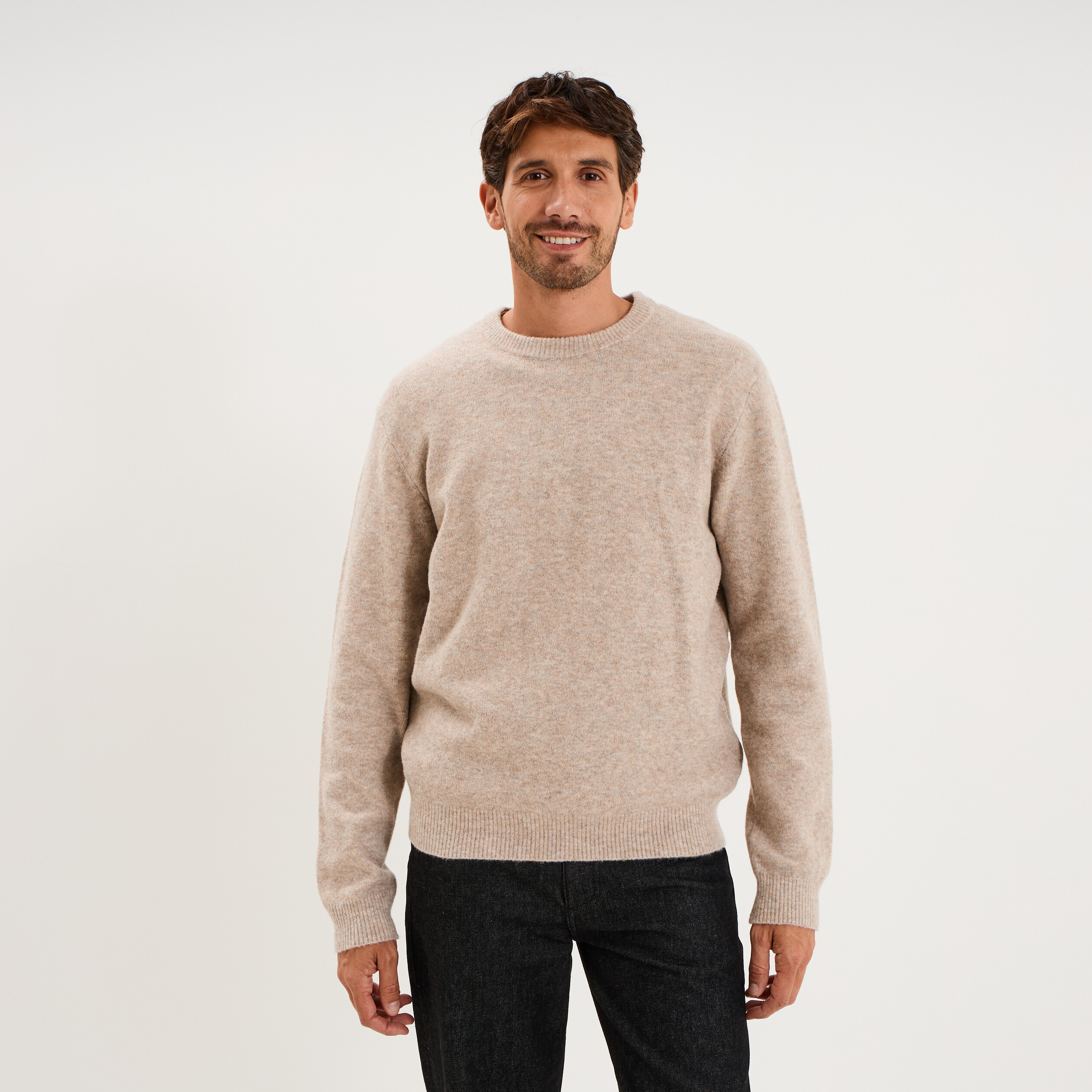 Pull col rond manches longues taupe homme
