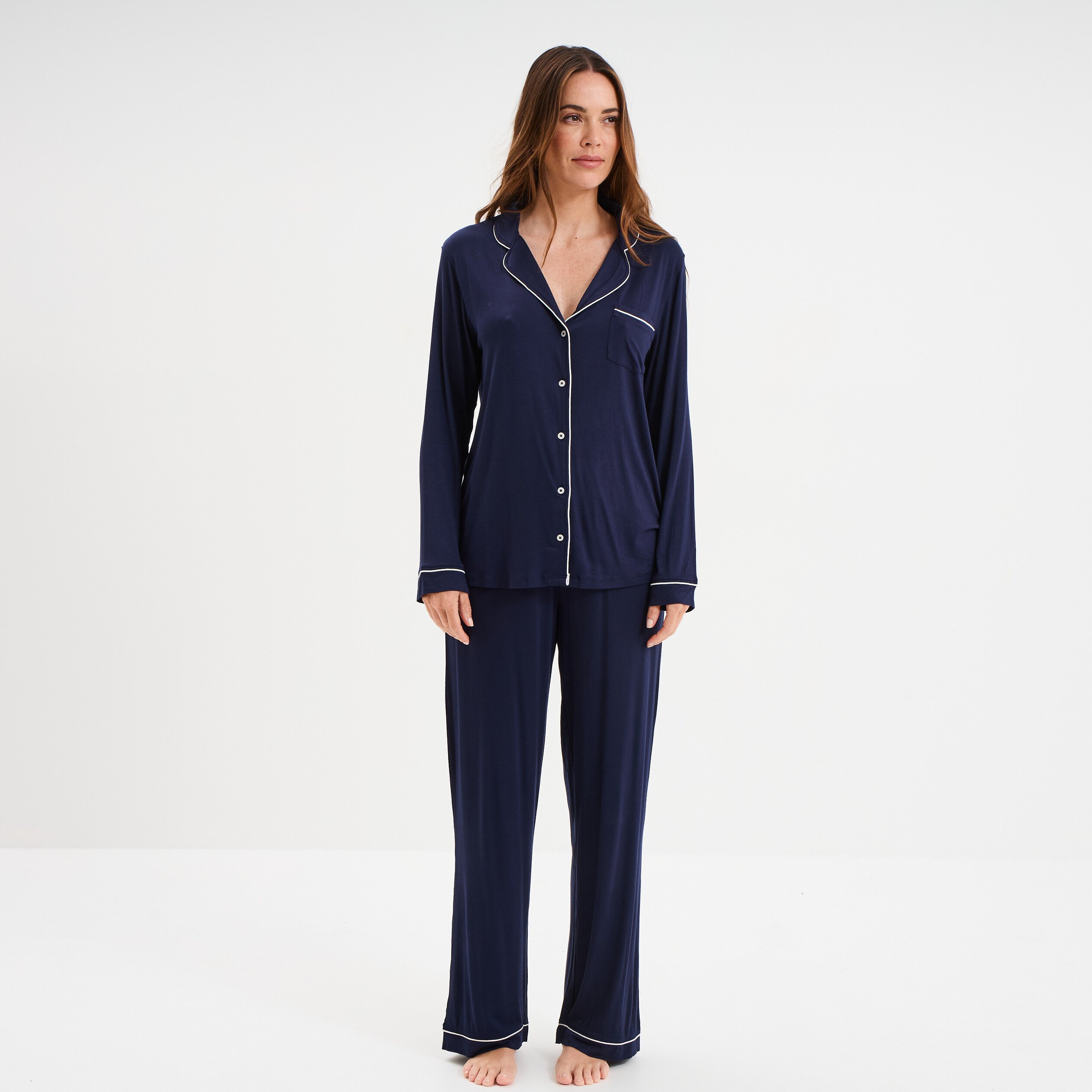 Ensemble pyjama pantalon et chemise bleu marine femme La Halle