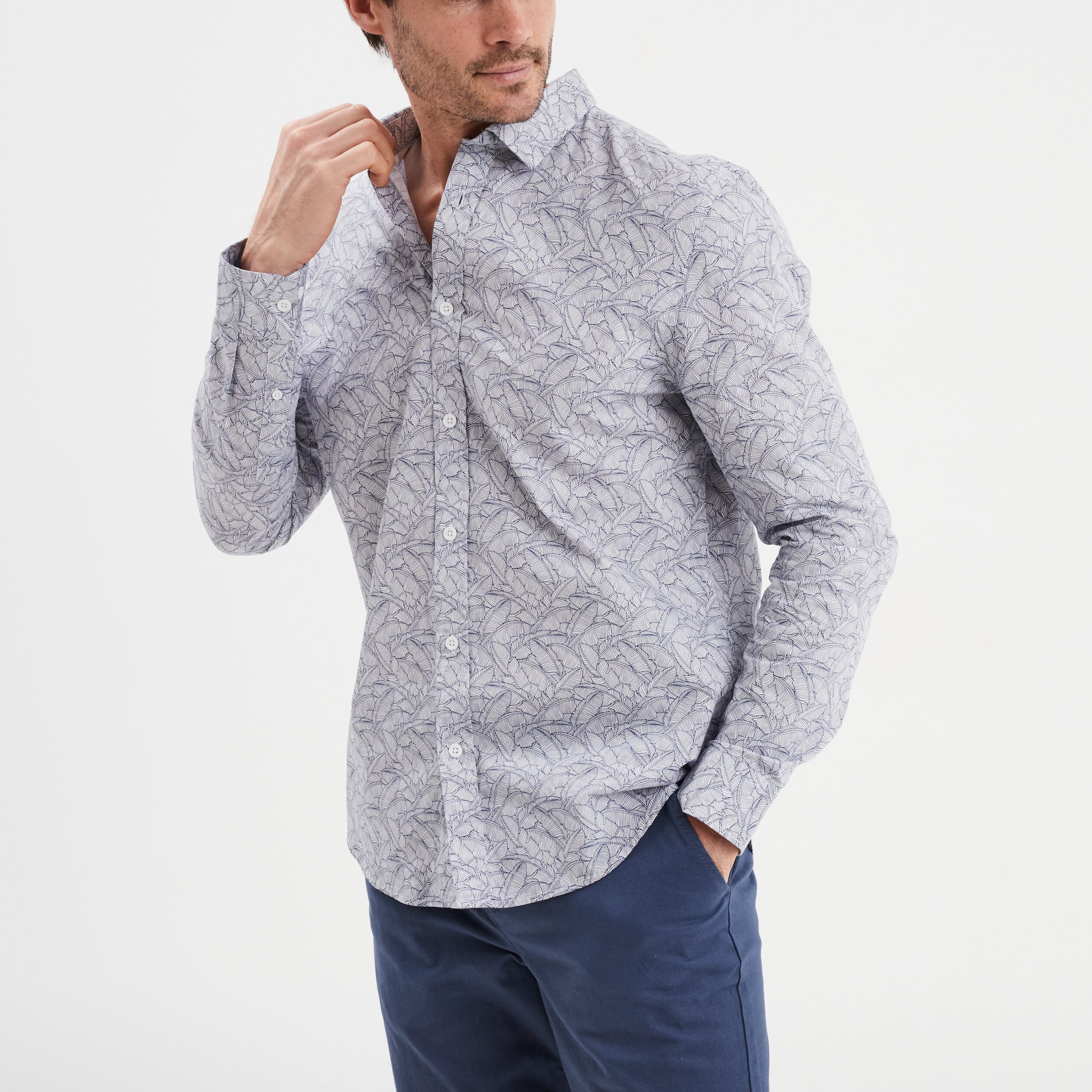 Chemise droite imprim&eacute;e manches longues blanc homme
