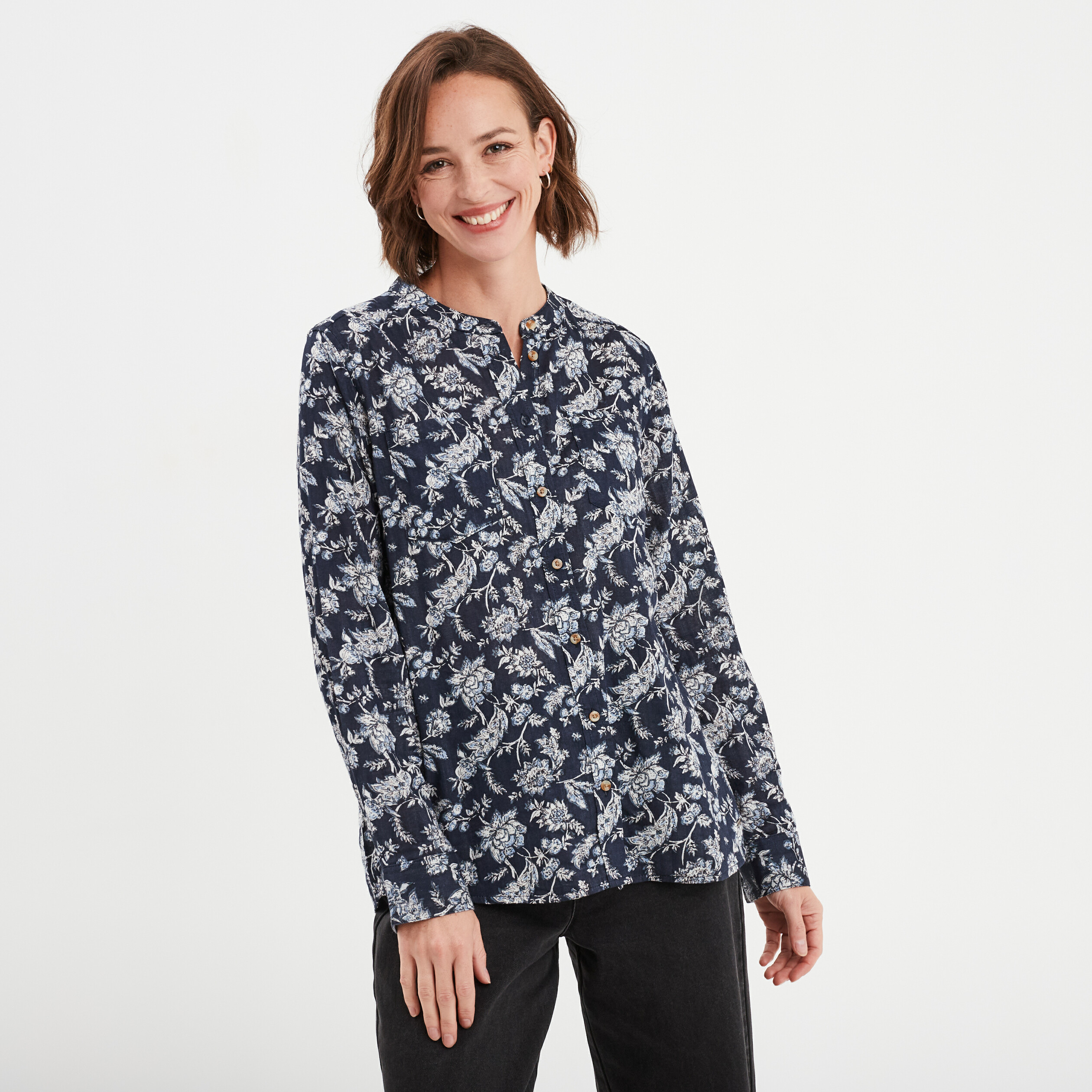Chemise manches longues col mao bleu marine femme