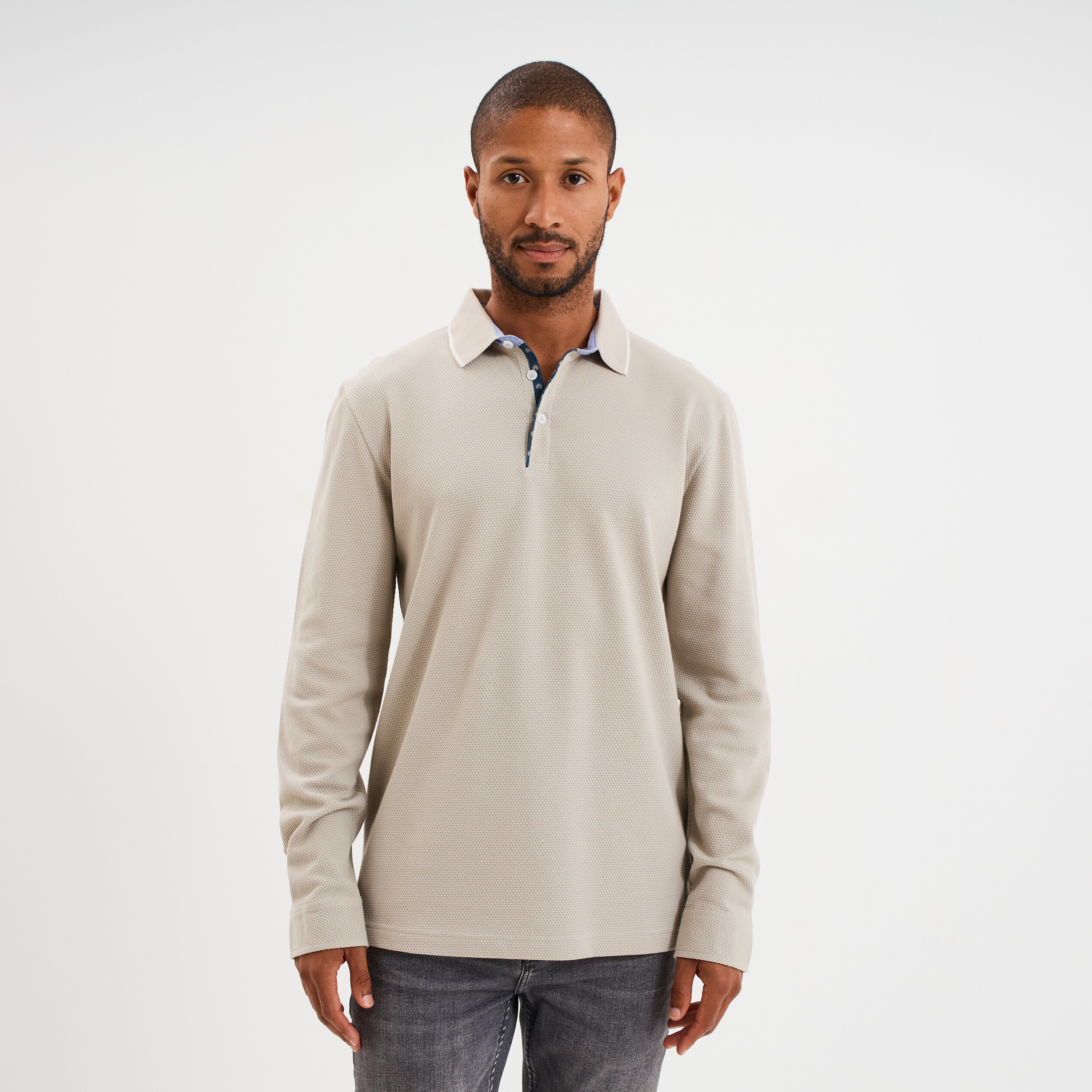 Polo piqu&eacute; droit manches longues coton gris clair homme