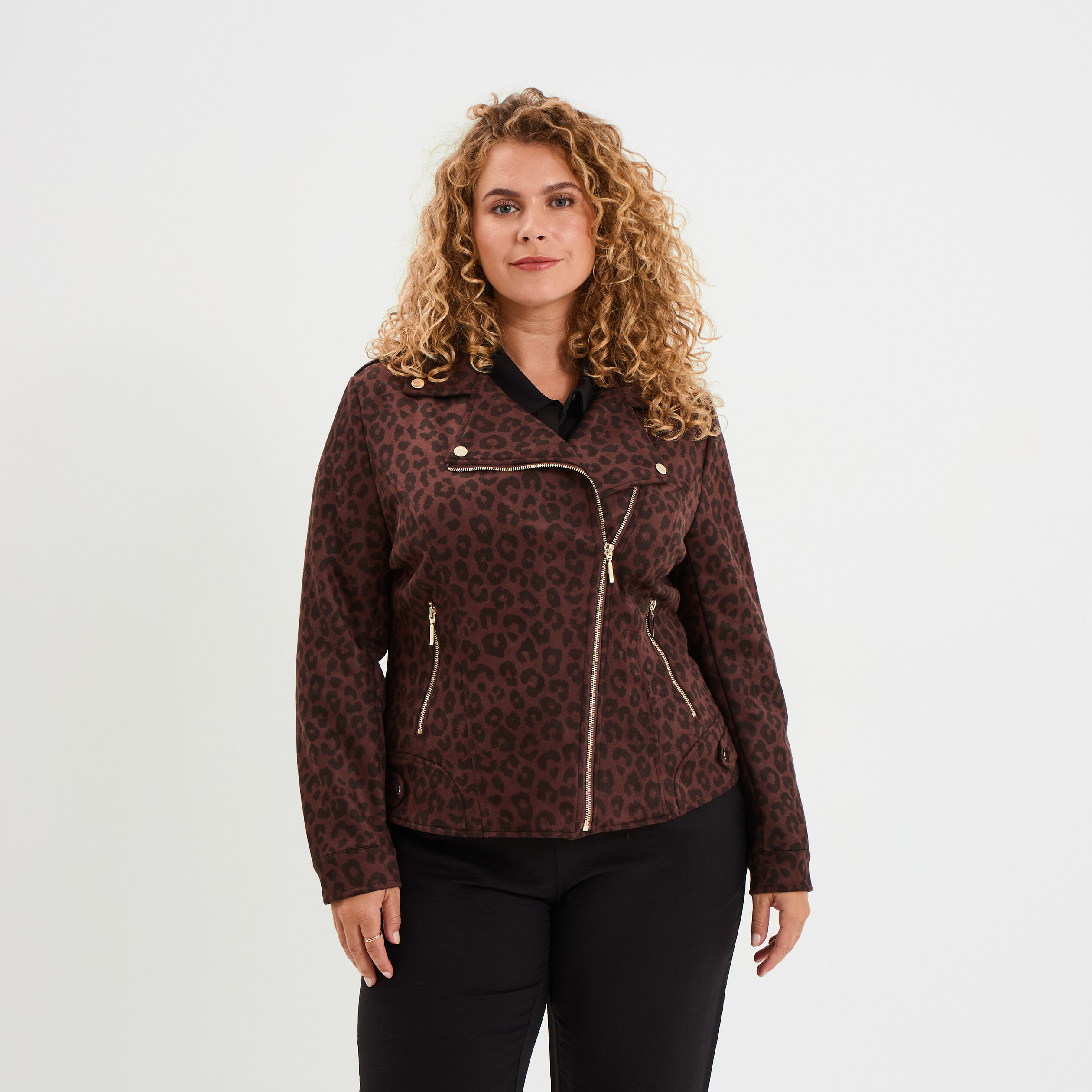 blouson zippe effet suedine style biker marron fonce femmegt Blouson zippé effet suédine style biker marron foncé femme grande taille