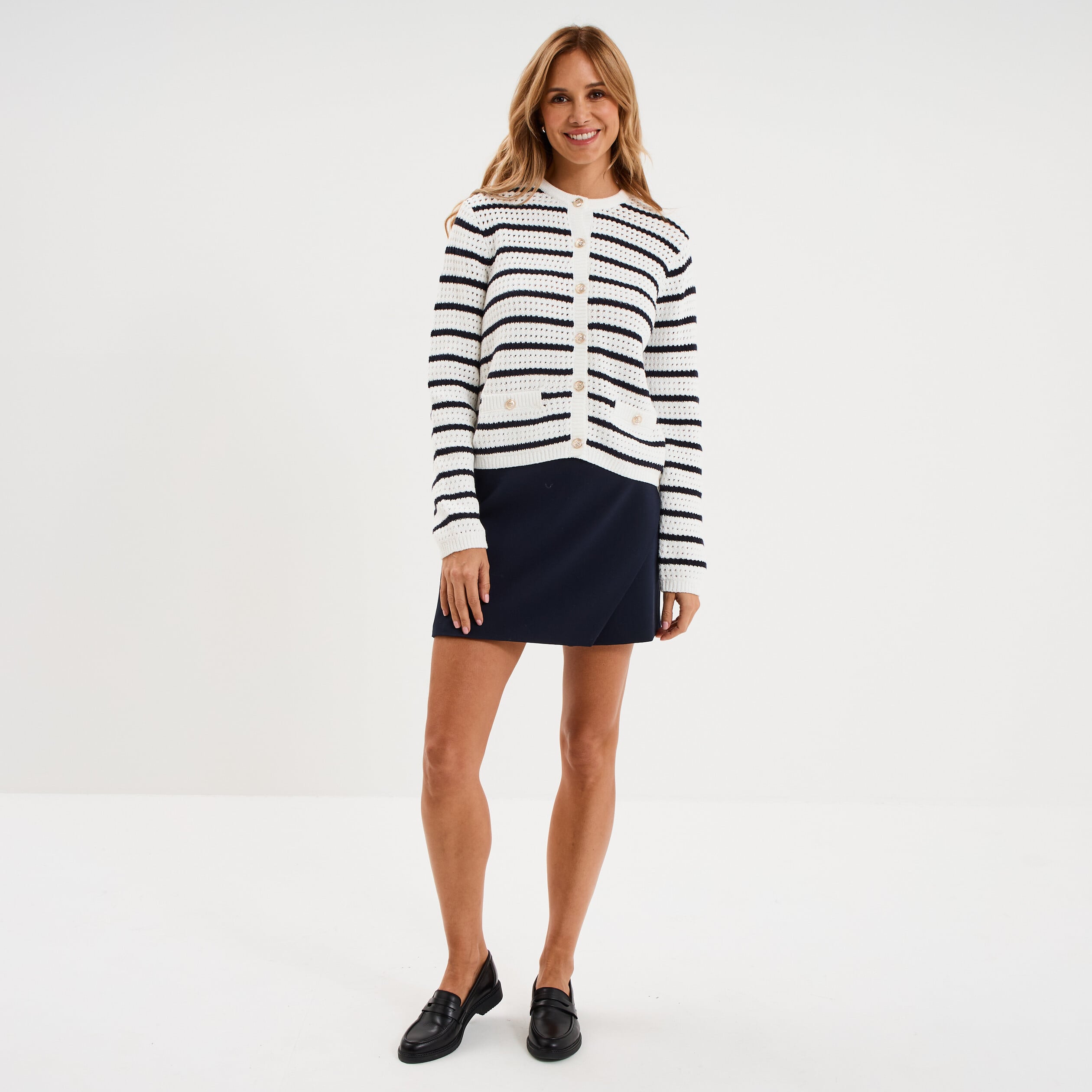 Gilet effet ajour&eacute; manches longues coton ecru femme
