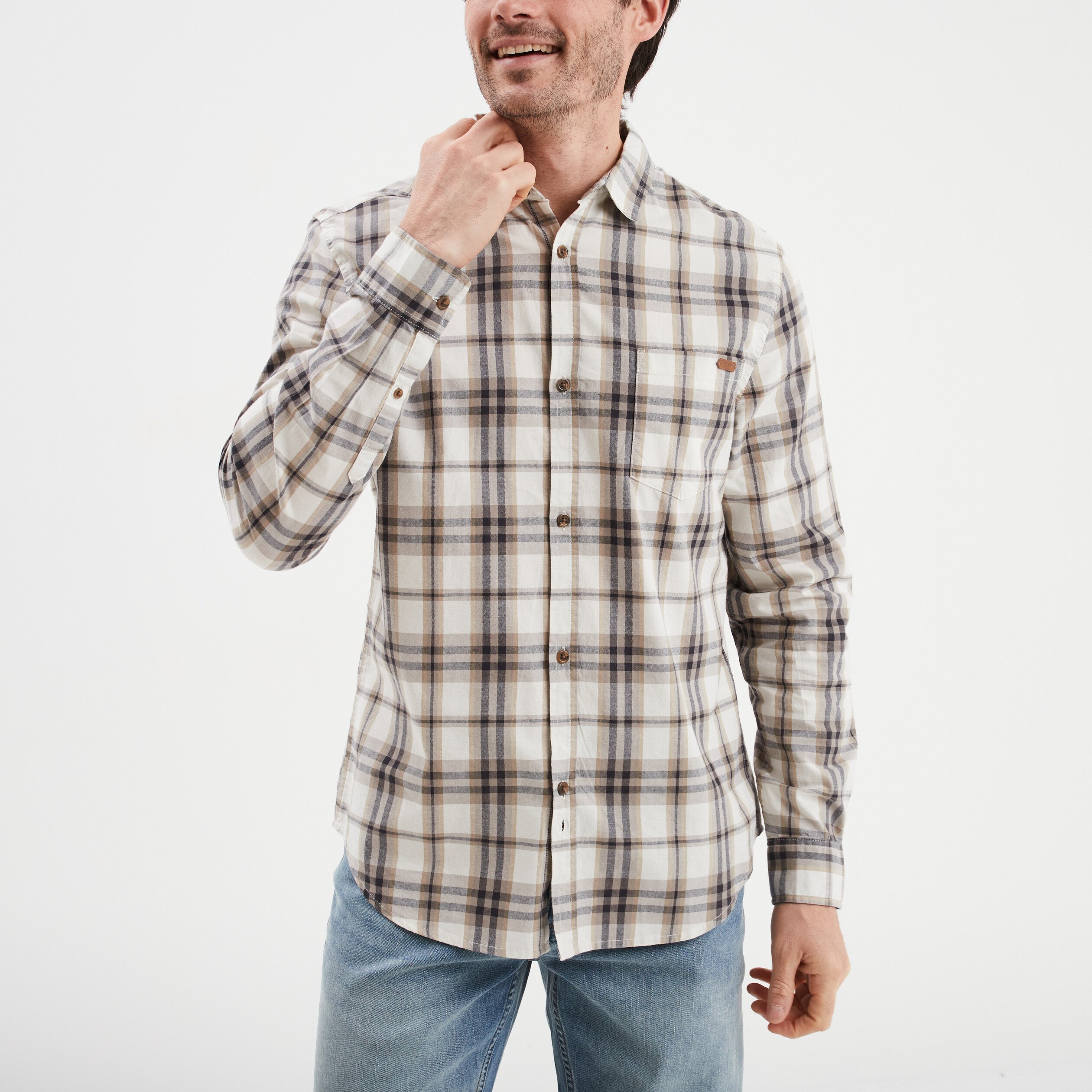chemise droite manches retroussees beige homme Chemise droite manches retroussées beige homme