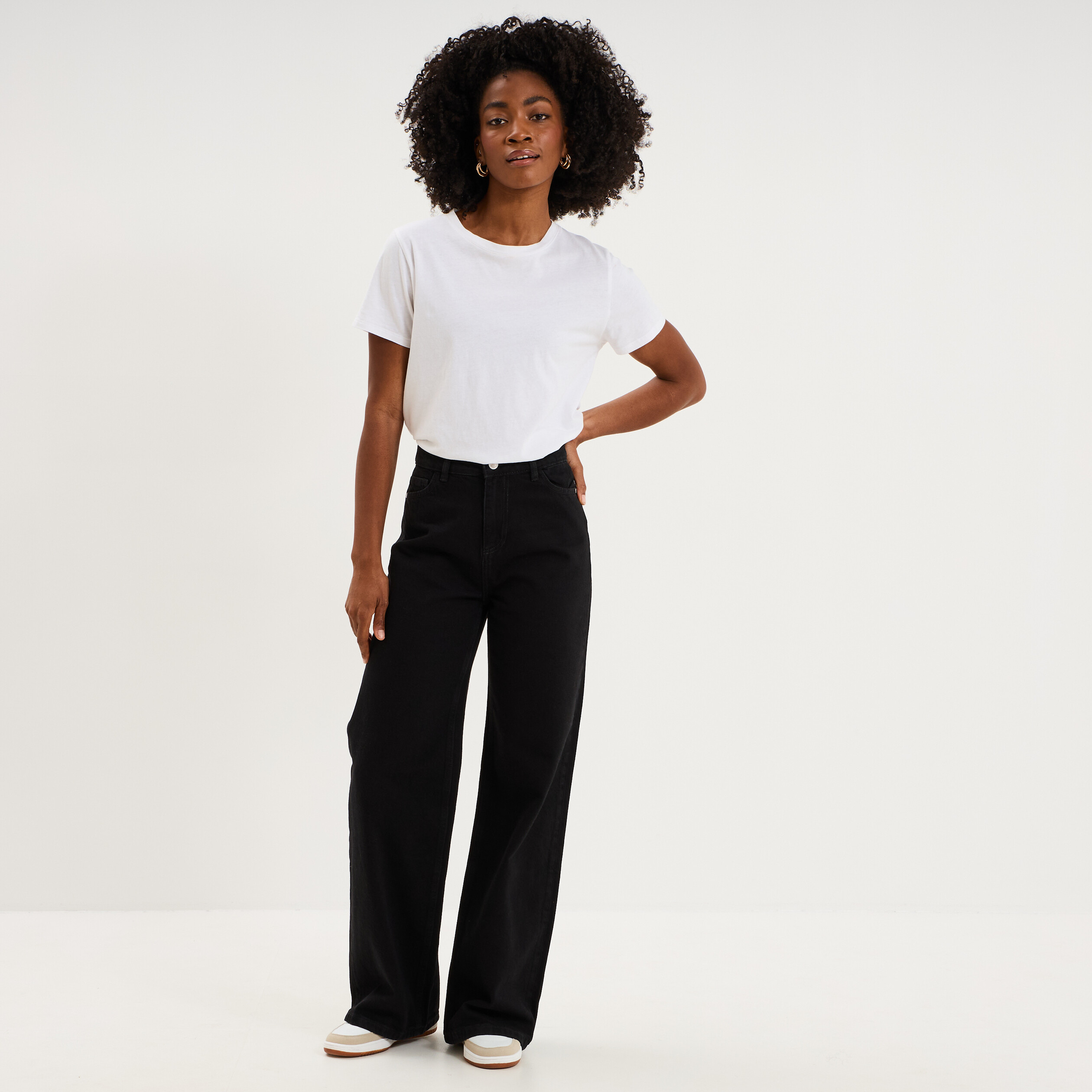 Jean large taille haute coton denim noir femme