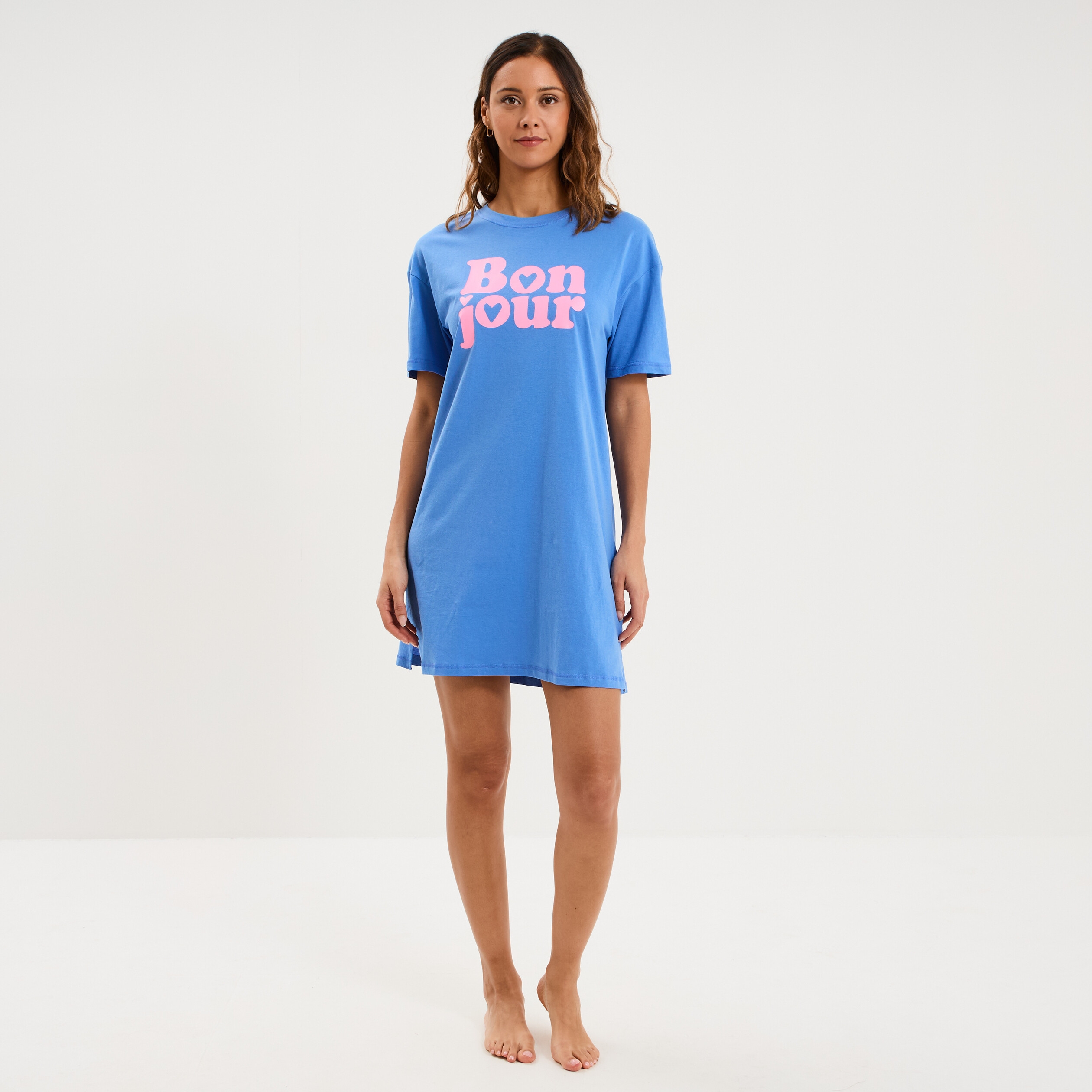 Chemise de nuit coton manches courtes bleu electrique femme