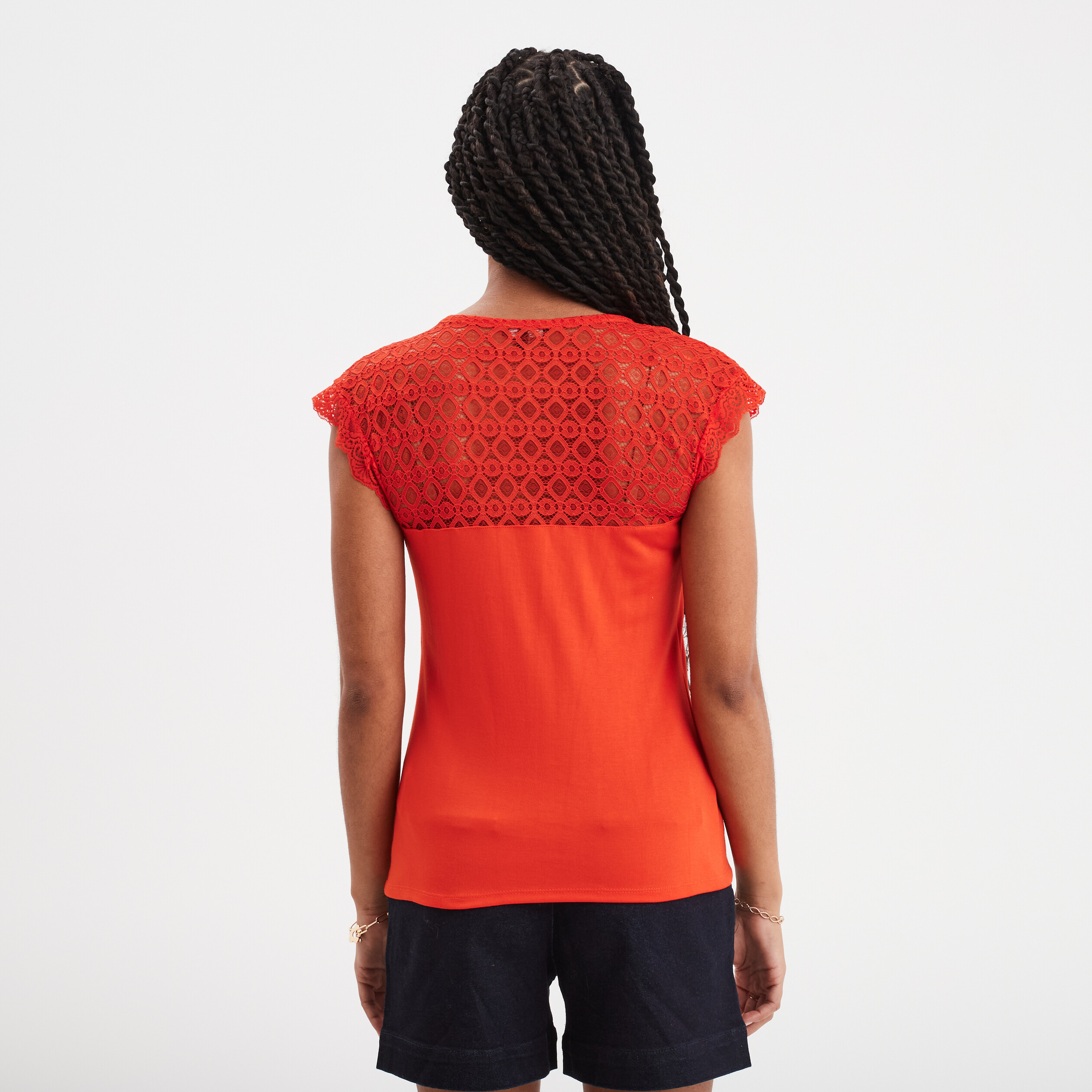 t shirt manches courtes avec dentelle orange femme T-shirt manches courtes avec dentelle orange femme