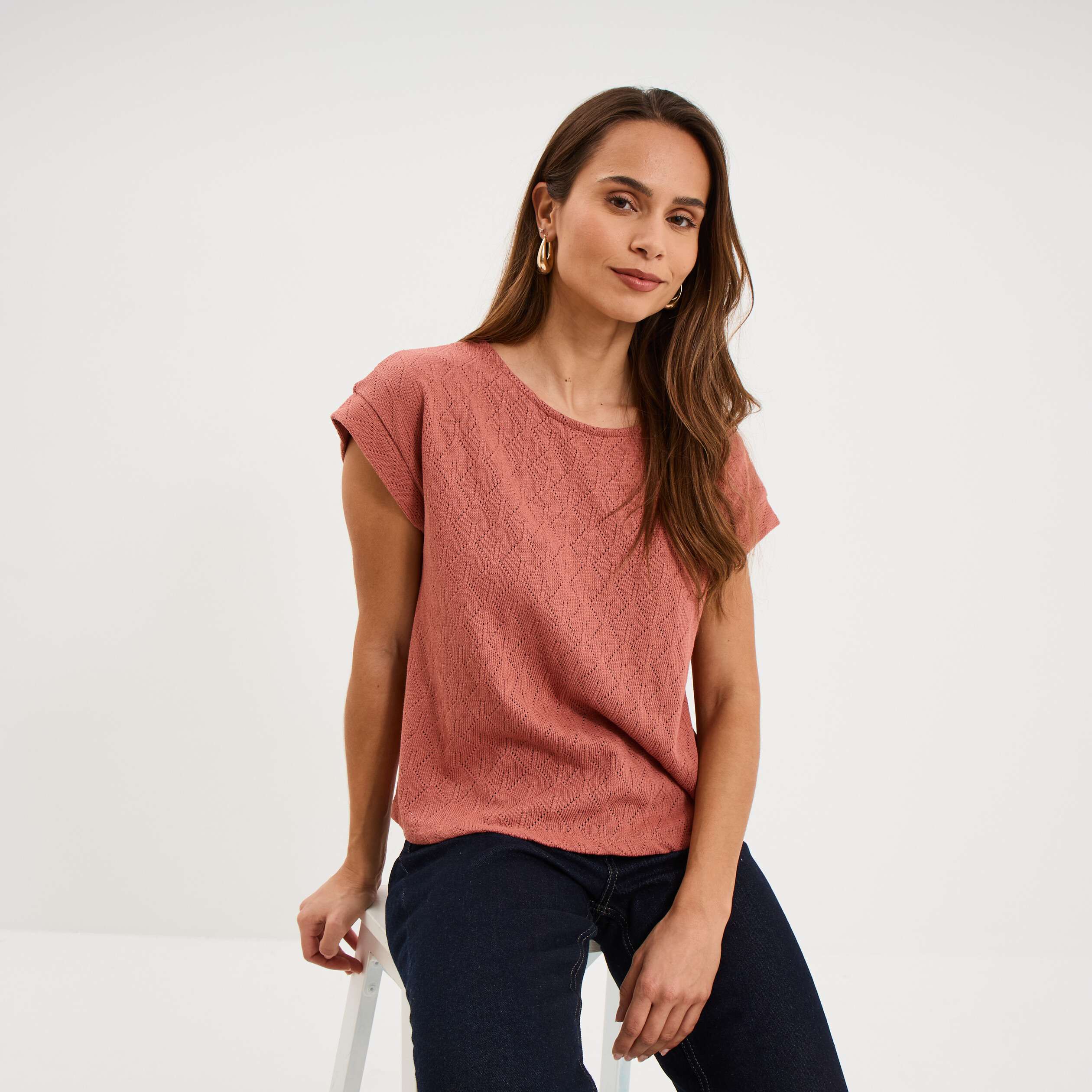 T-shirt ajour&eacute; manches courtes terracotta femme