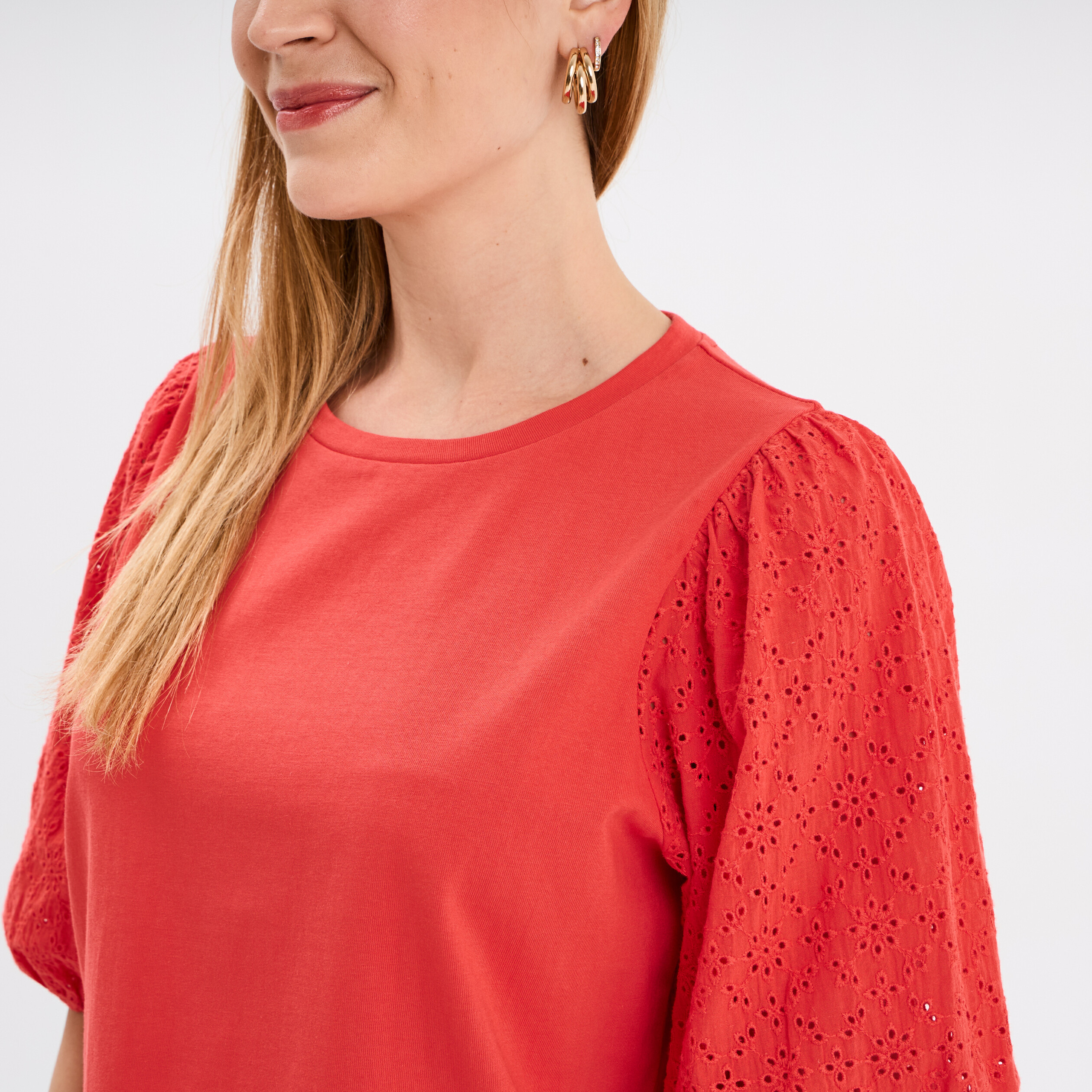 t shirt coton manches broderie anglaise rouge femme T-shirt coton manches broderie anglaise rouge femme