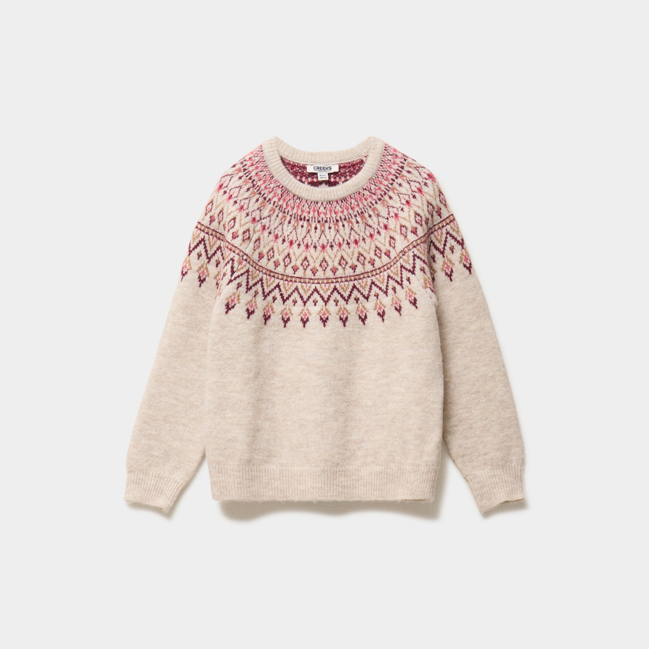 Pull jacquard col rond manches longues ecru fille