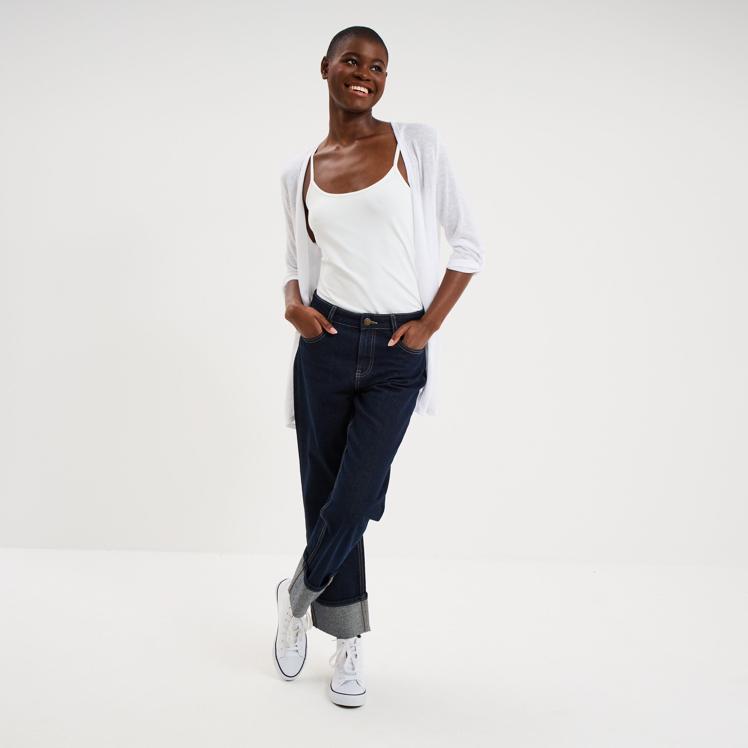 Gilet fin mi long manches 3/4 blanc femme