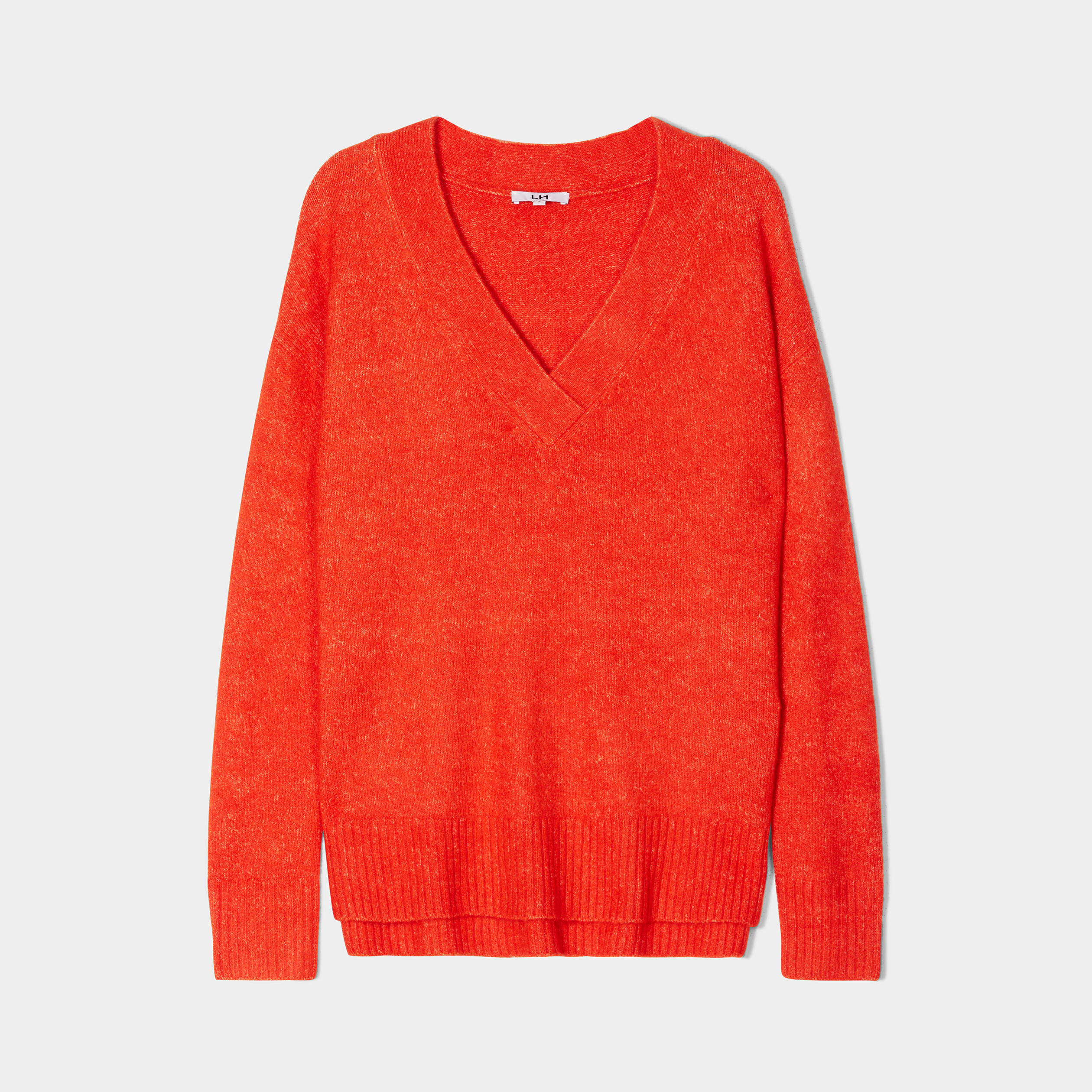 Pull col en V fentes aux côtés rouge corail femme