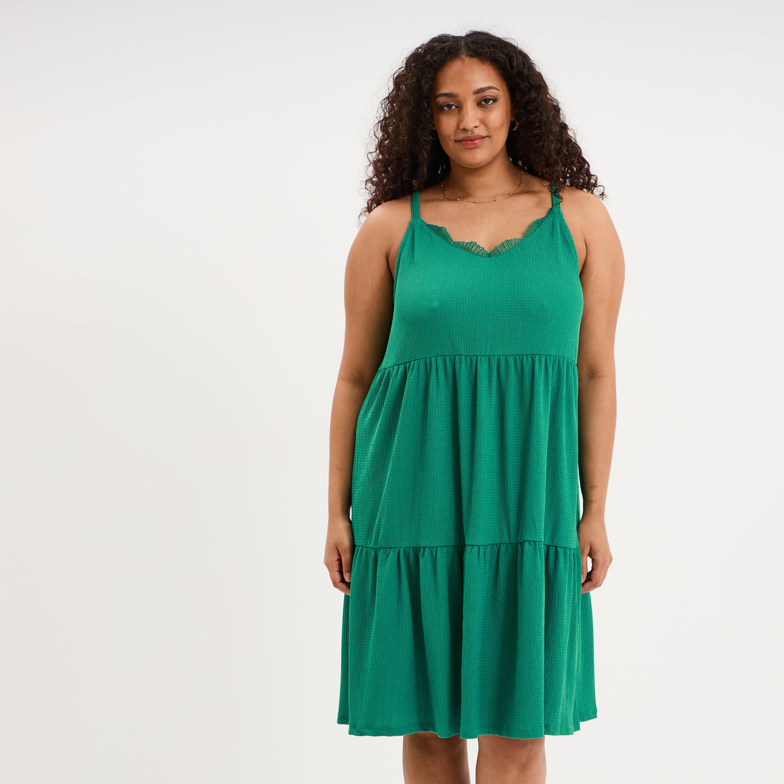 Robe bretelles &agrave; volants longueur genou vert canard femme grande taille
