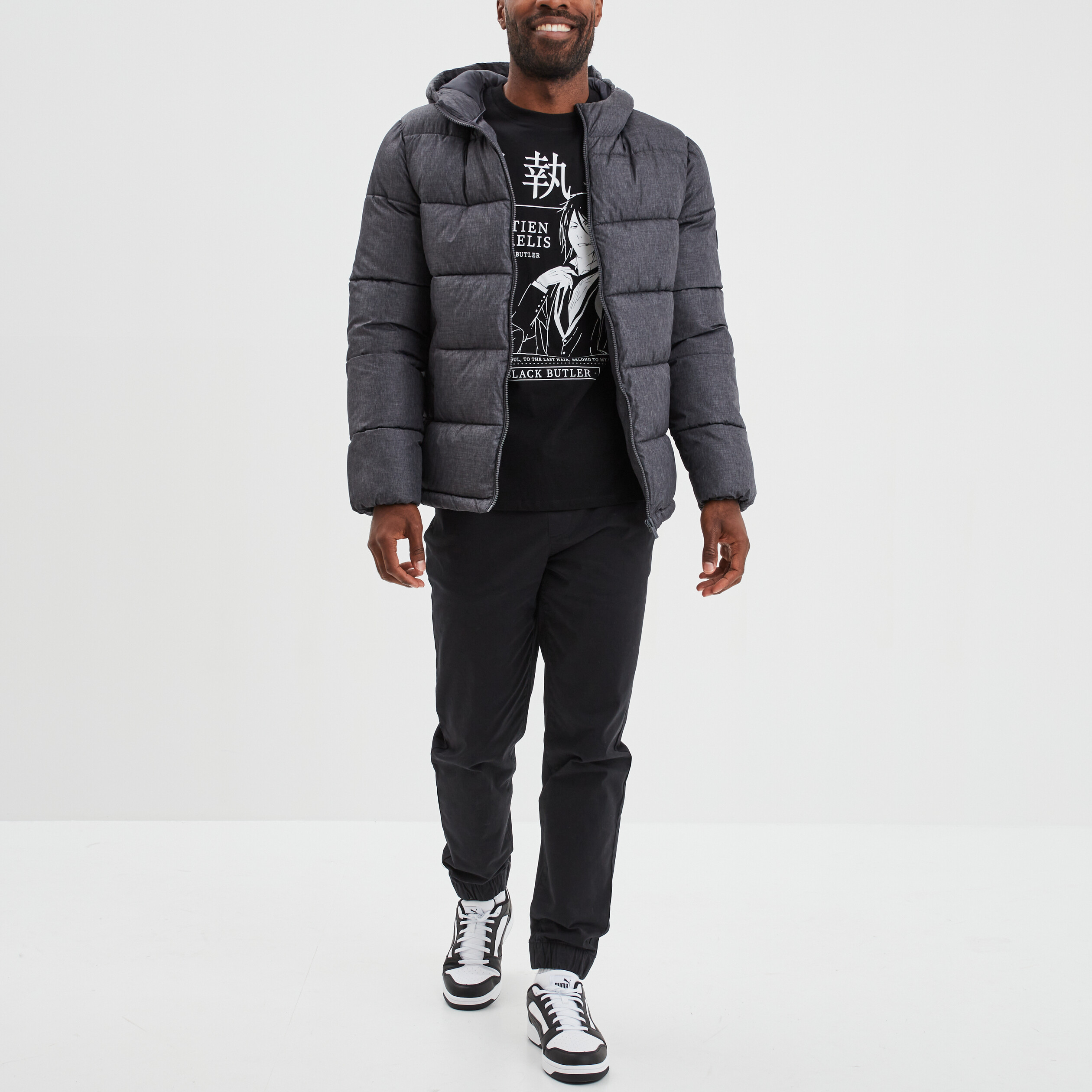 Doudoune d'hiver imperméable à capuche pour homme - Isolation en duvet - Matelassée - Manteau à bulles, Noir/blanc