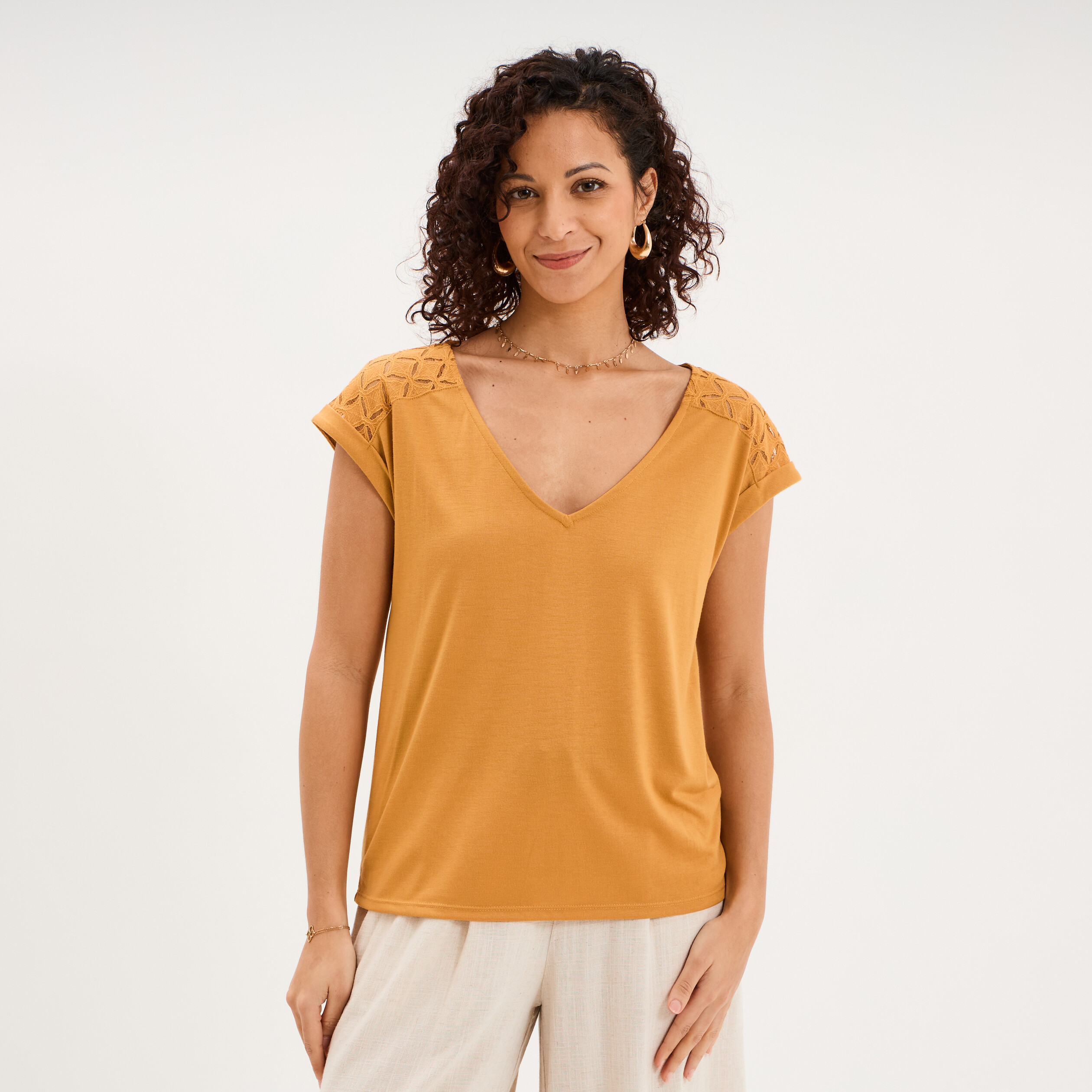 Haut Dentelle Femme Grande Taille Col En V Resille Tee Shirt Chic Élégant - Top Transparent Sexy