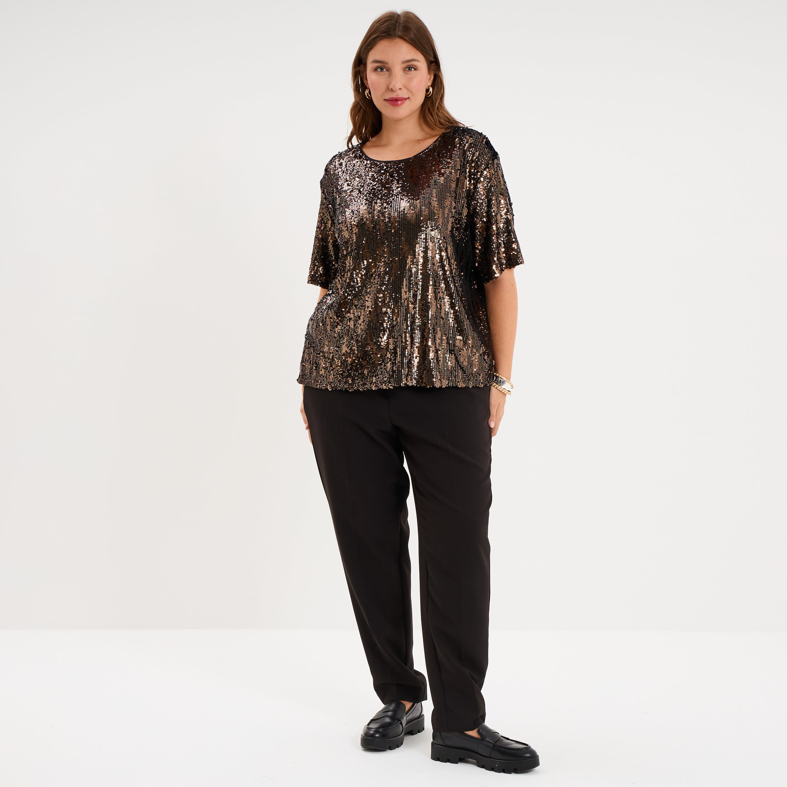 T-shirt sequins manches courtes loose couleur cuivre femme grande taille