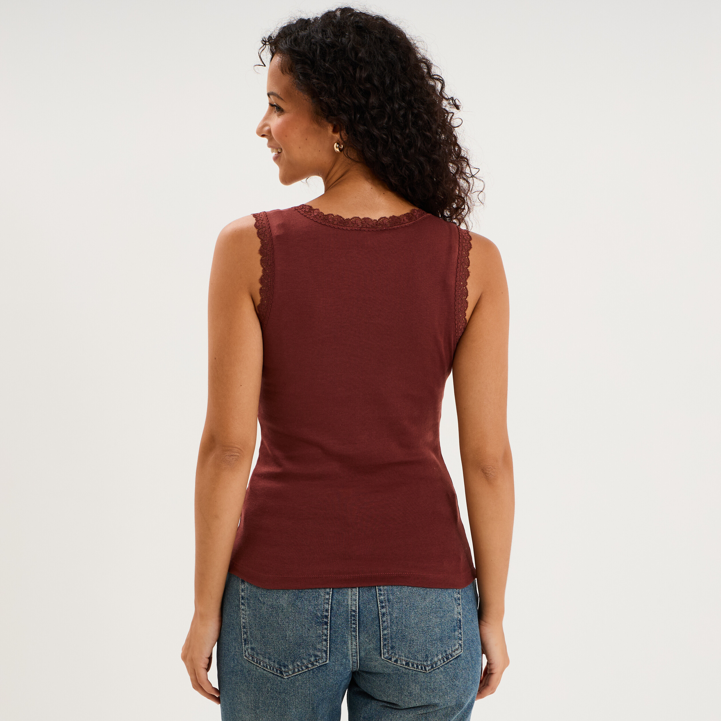 D&eacute;bardeur coton bords dentelle bordeaux femme
