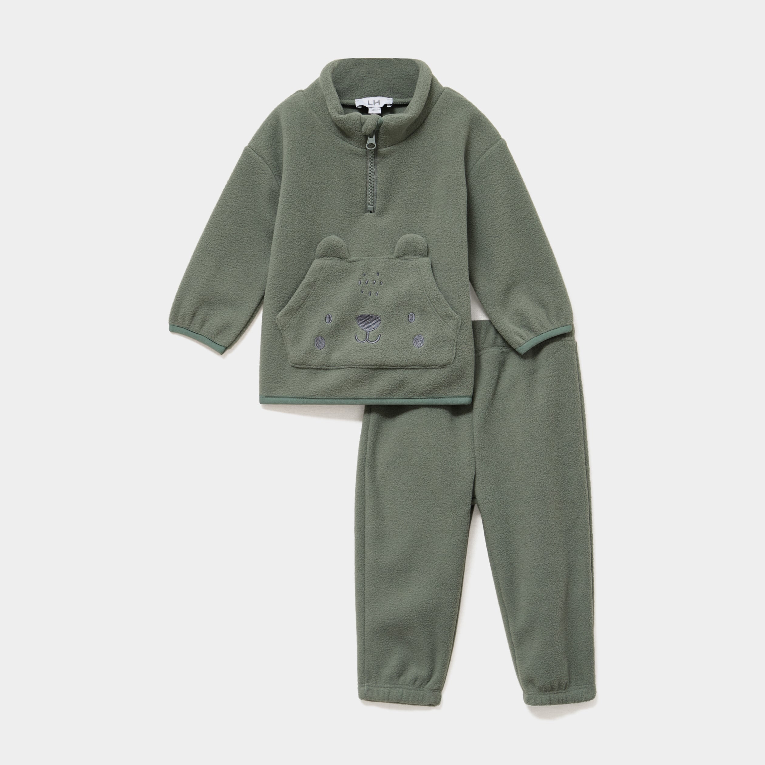 Ensemble effet polaire sweat et pantalon vert kaki b&eacute;b&eacute; gar&ccedil;on
