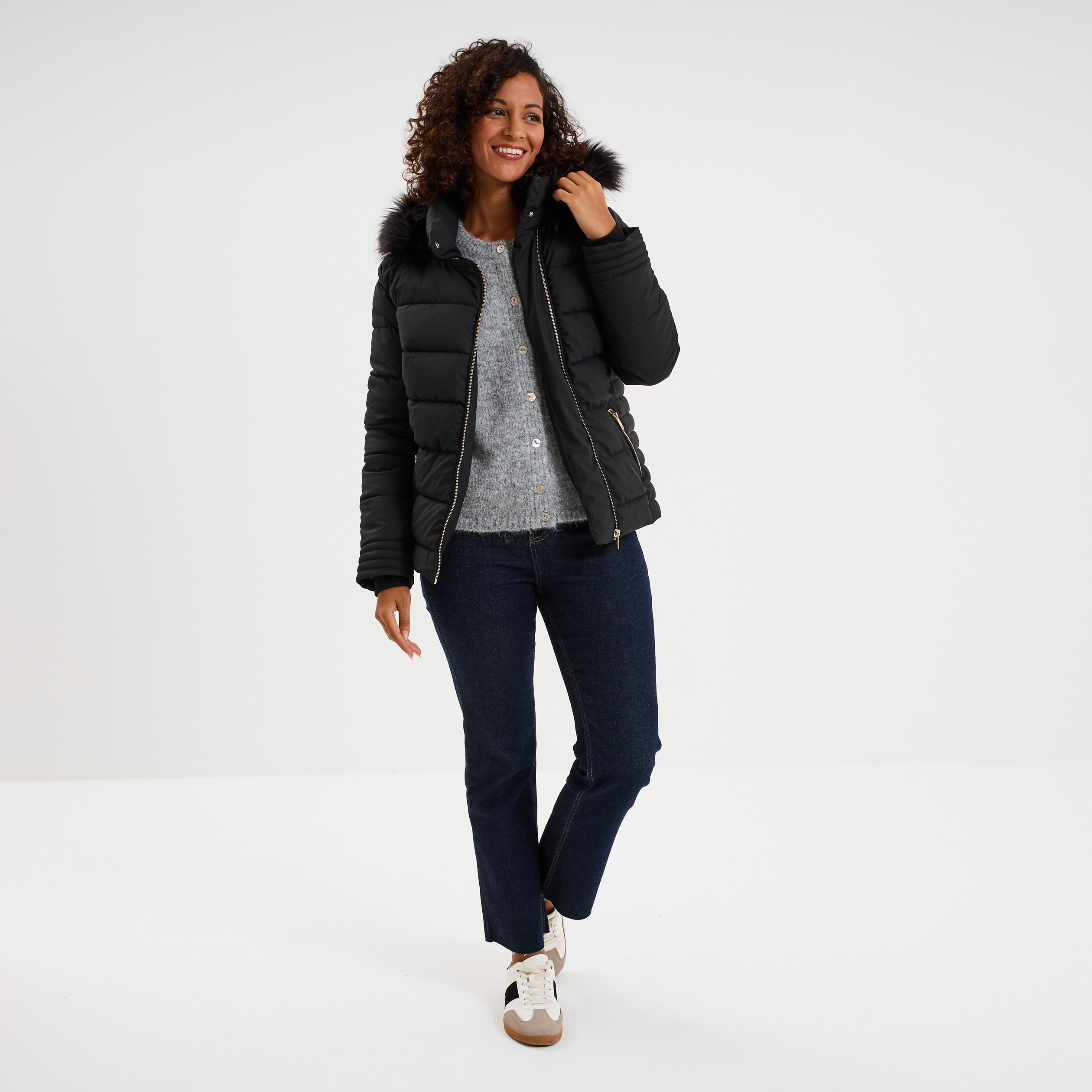 Doudoune simili cuir &agrave; capuche noir femme