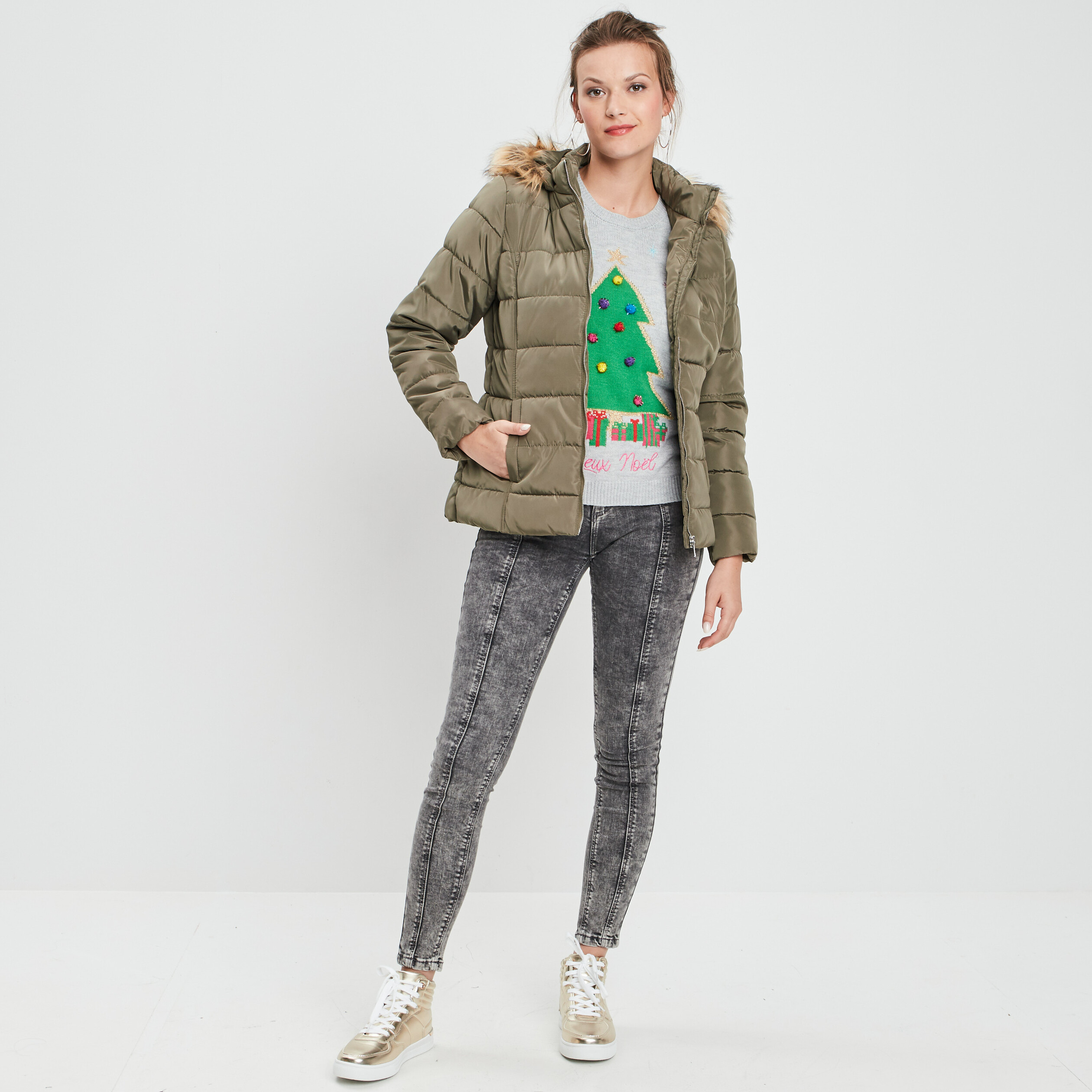 Doudoune droite capuche vert kaki femme La Halle