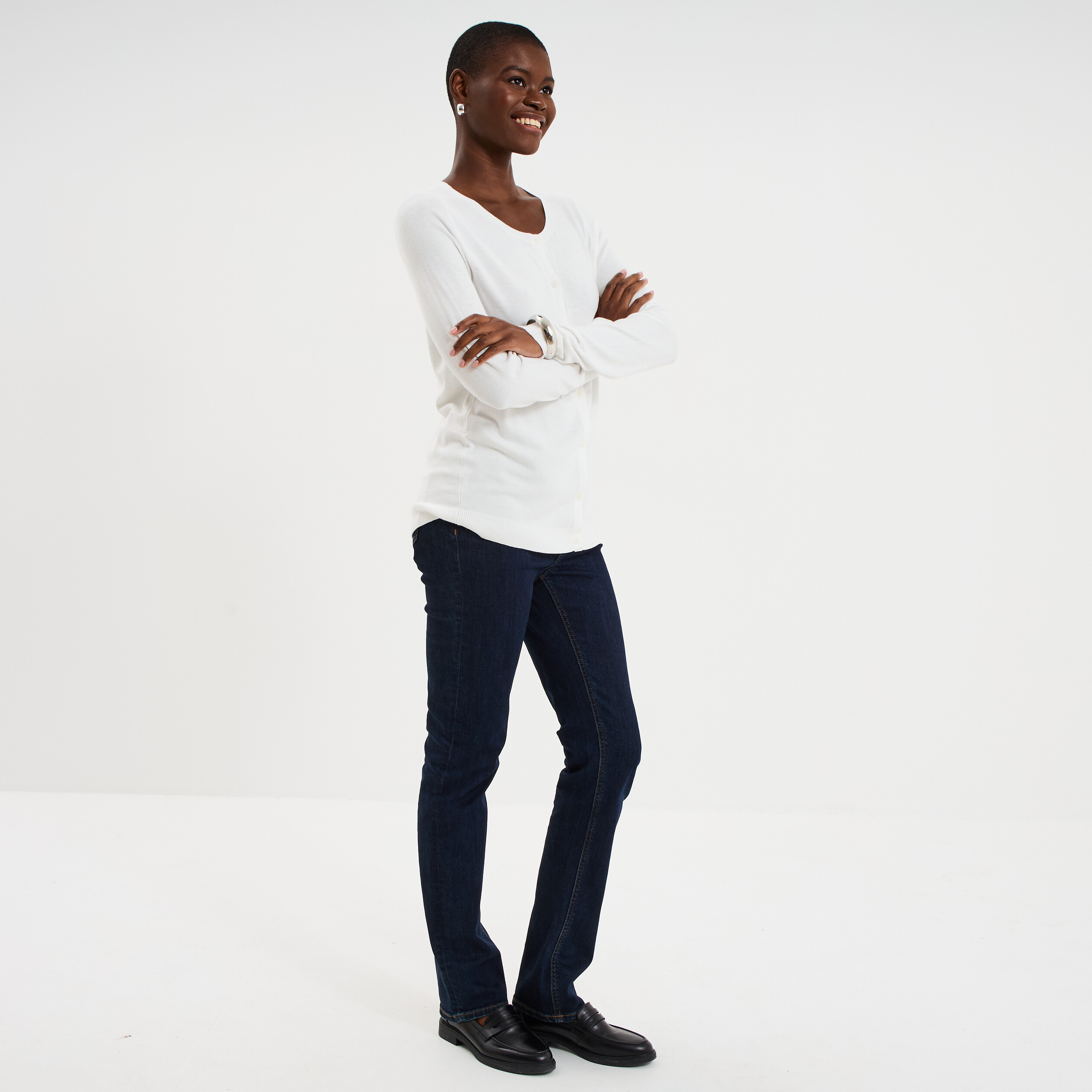 Gilet col rond manches longues blanc femme