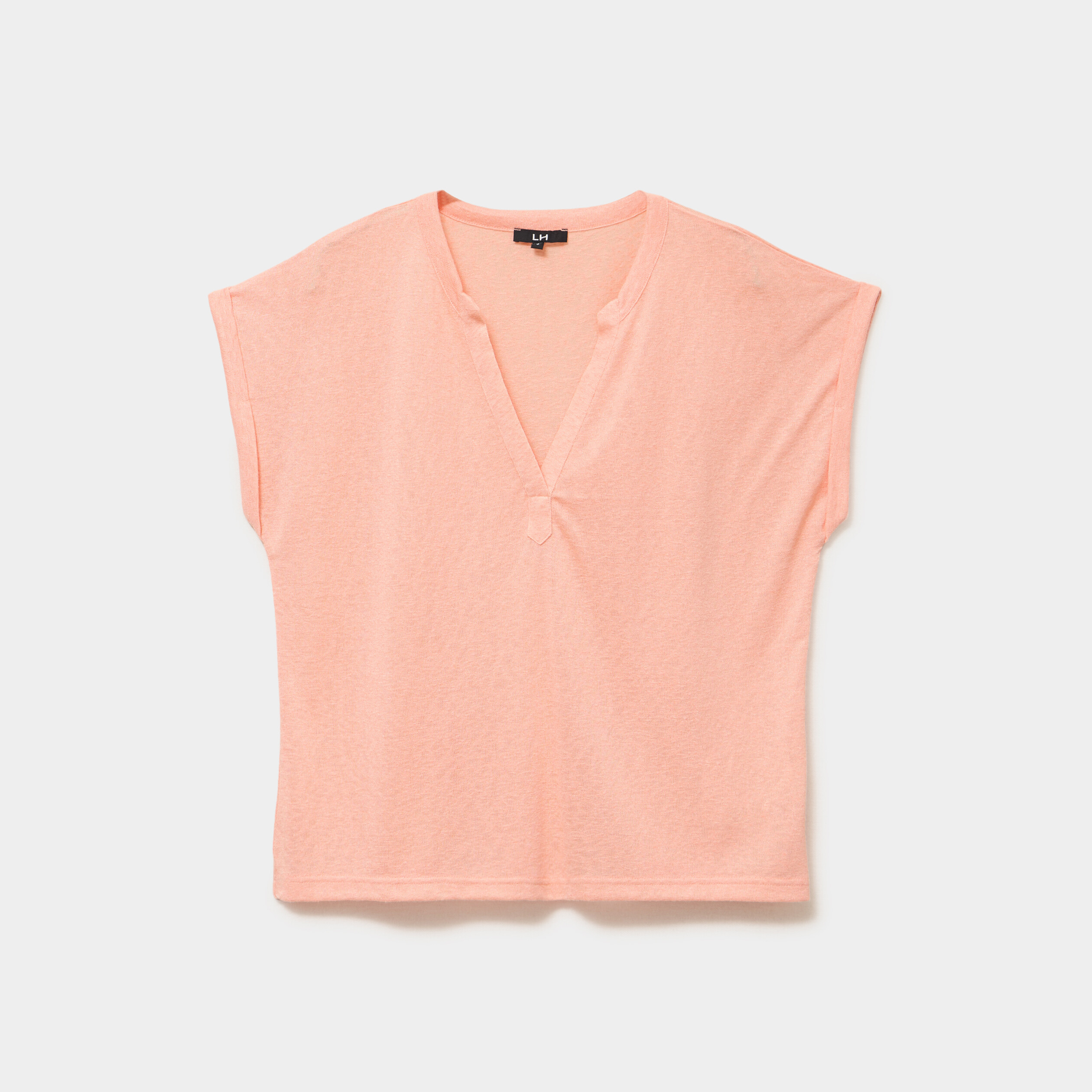 T-shirt col tunisien manches courtes rose saumon femme