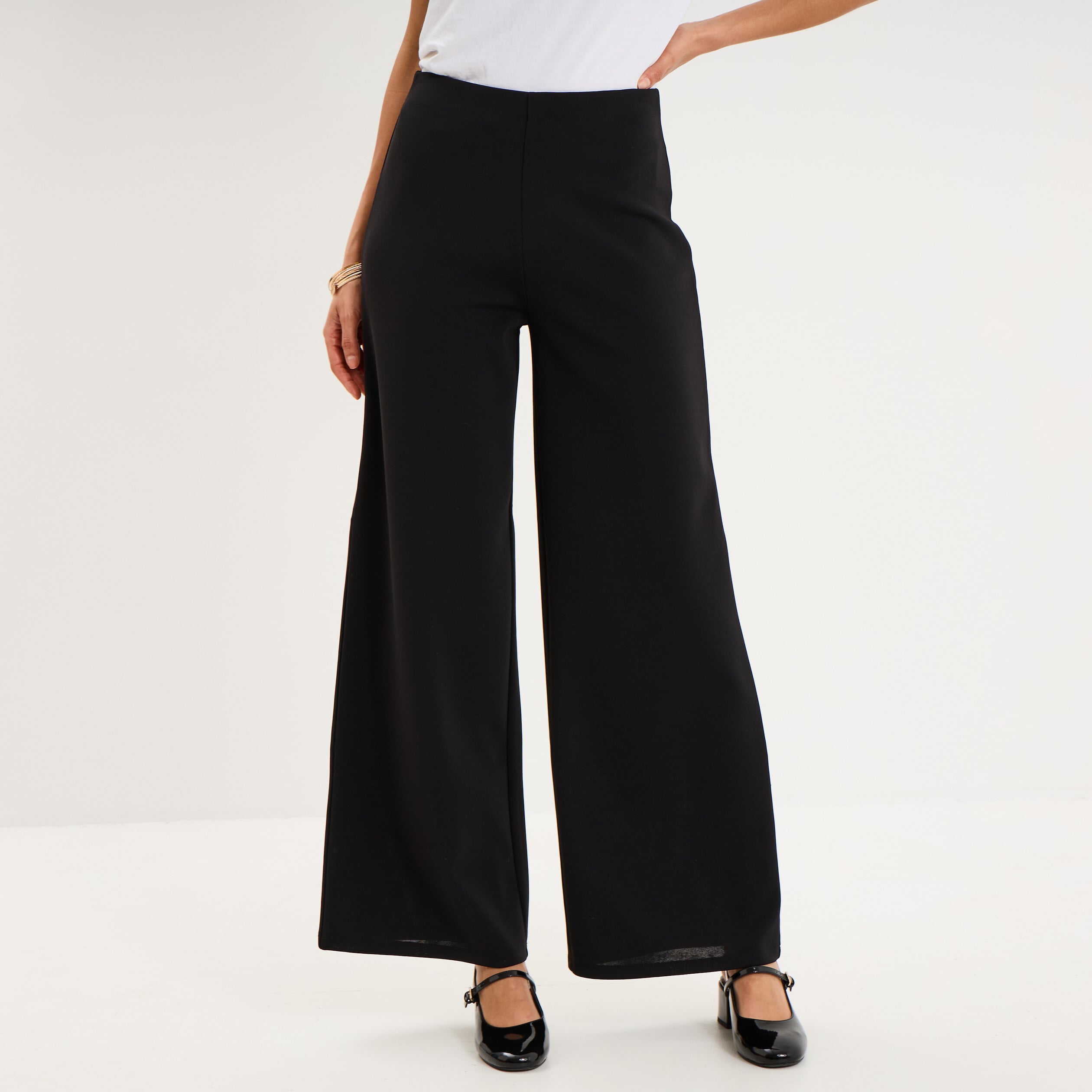 Pantalon large fluide taille haute noir femme